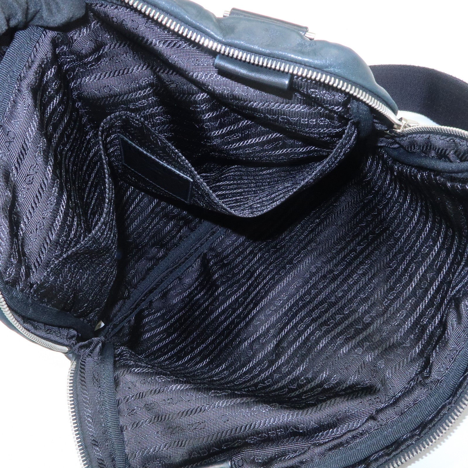 PRADA Triangle Logo Lamb Skin Canvas Shoulder Crossbody Bag Black