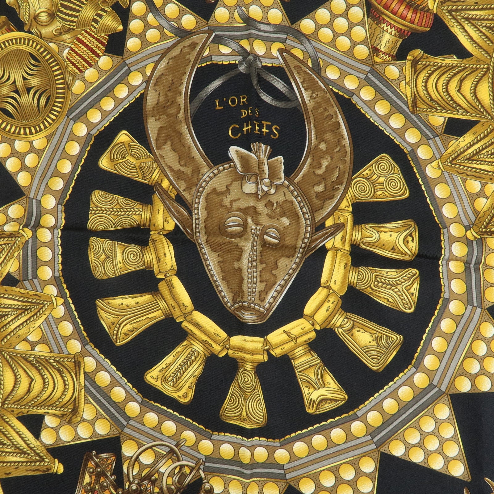 HERMES Carre 90 Silk 100% Scarf L'OR DES CHEFS Black Yellow Used