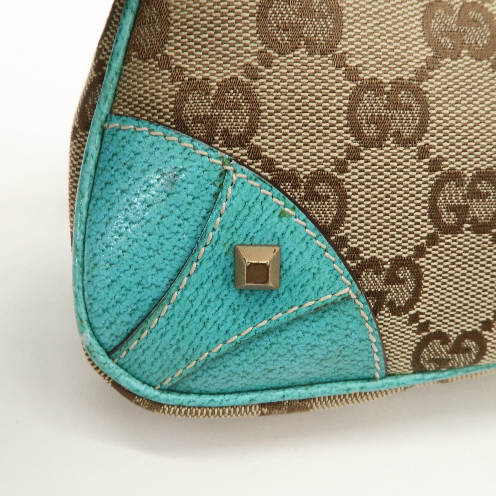 GUCCI GG Canvas Leather Chain Shoulder Bag Beige Turquoise Blue 120940 Used