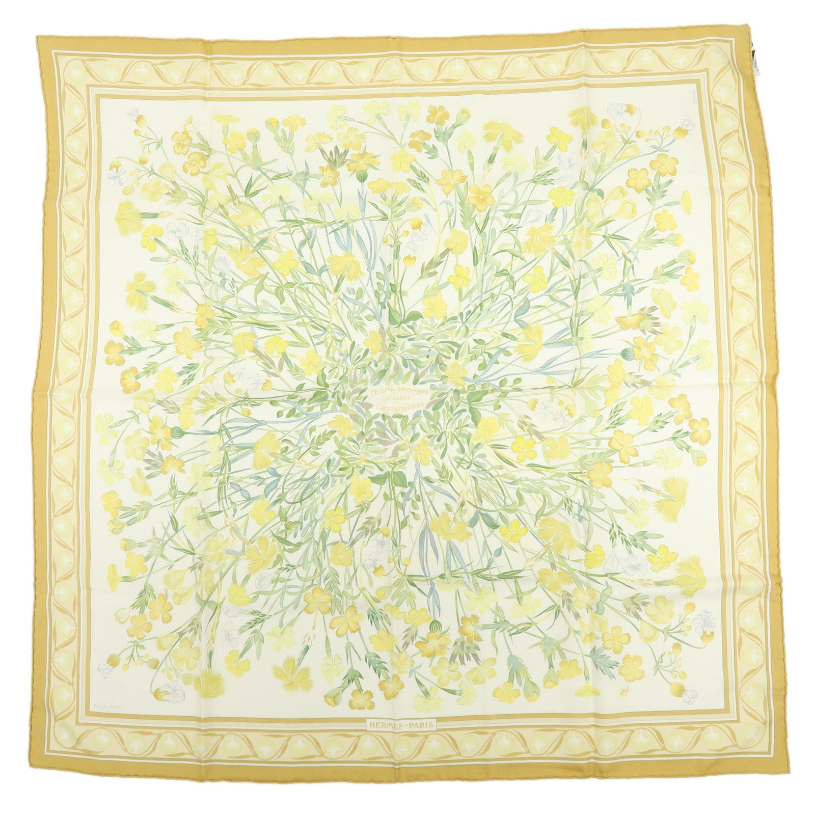 HERMES Carre90 Silk 100% oeillets sauvages et autres caryophyllales