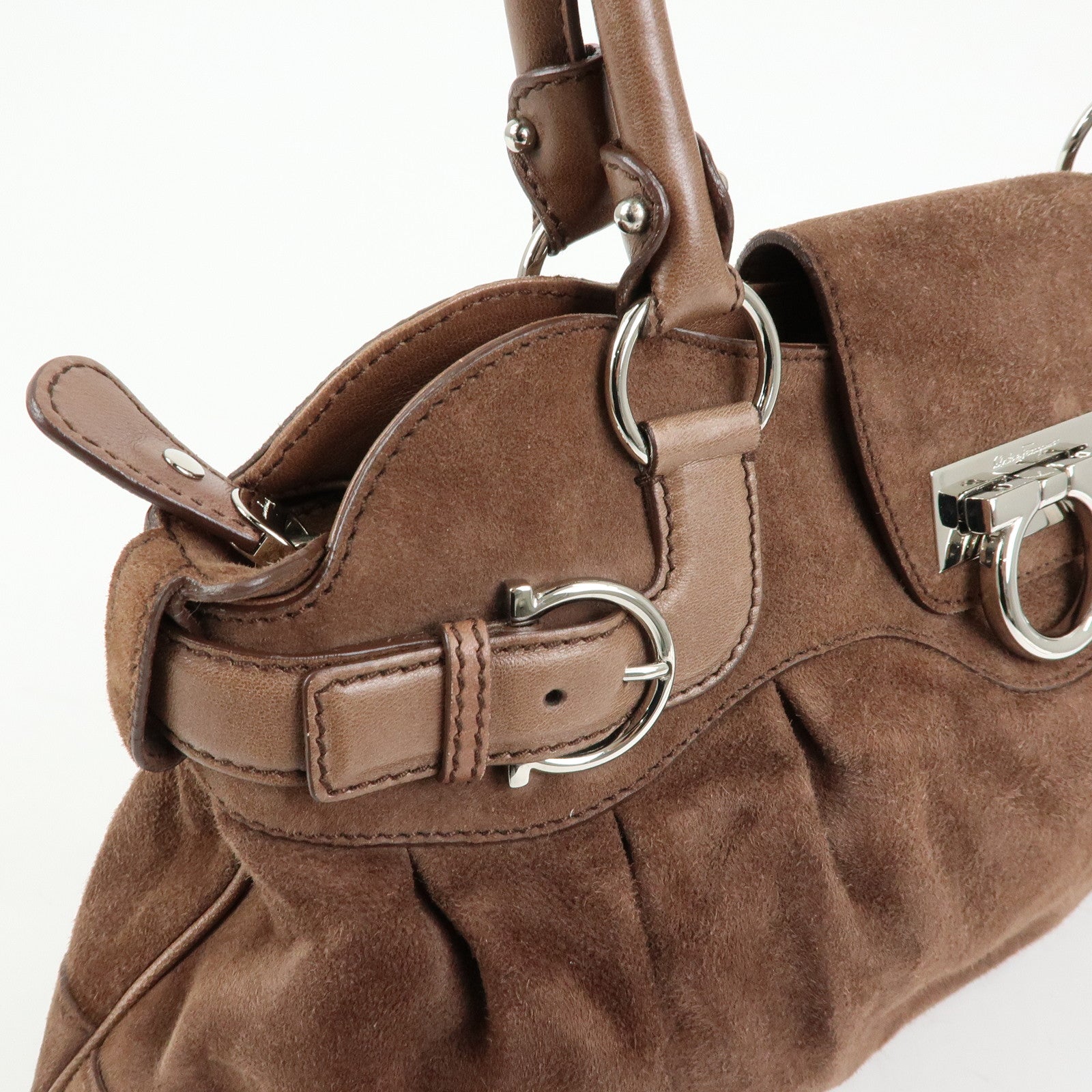 Ferragamo Gancini Suede Leather Shoulder Bag Hand Bag Brown