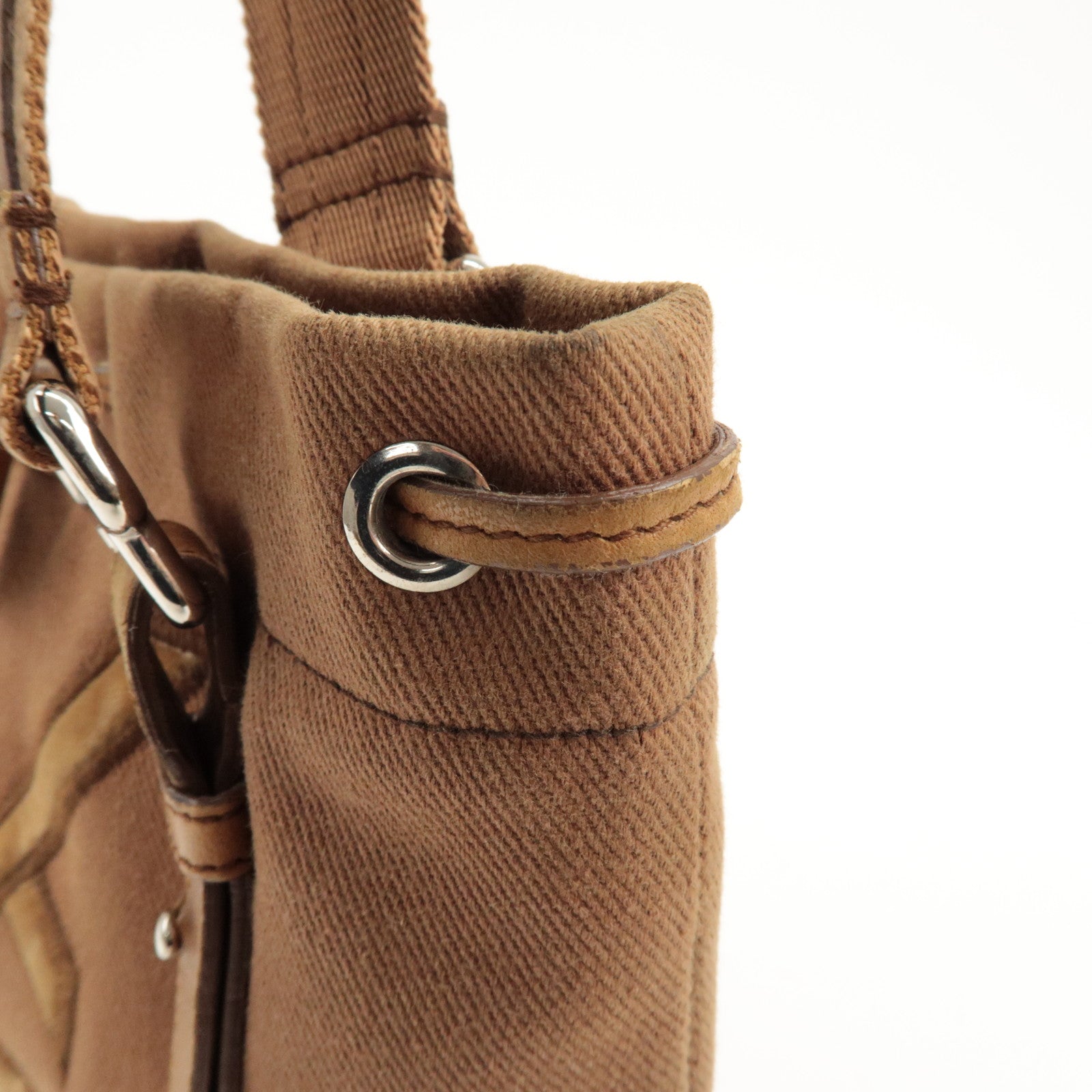 SAINT LAURENT Kahara Leather Canvas Velour Tote Bag Brown Used