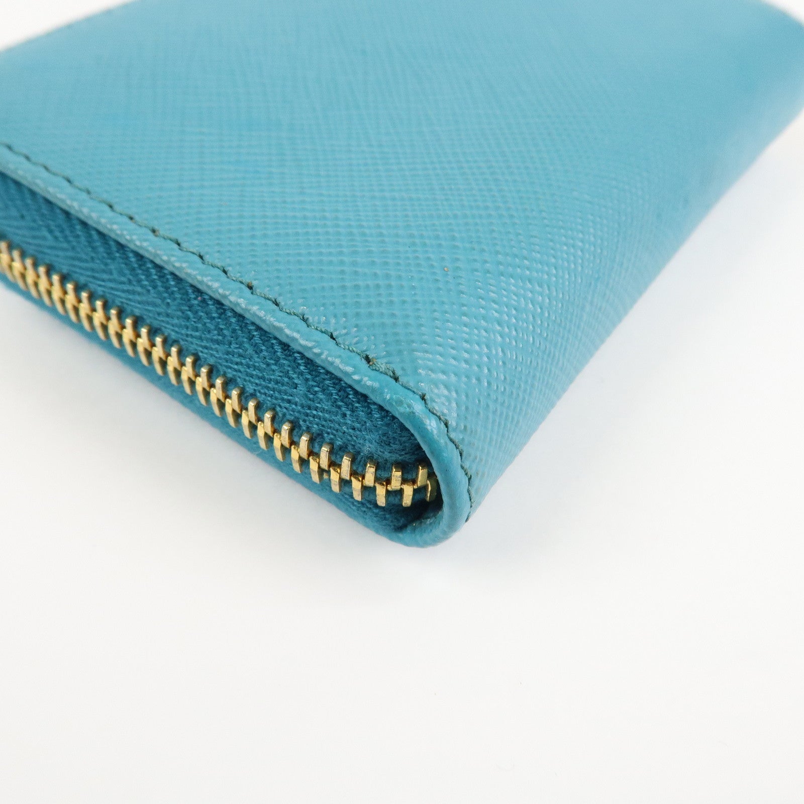 PRADA Logo Saffiano Leather Round Zippy Small Wallet Blue 1MM268 Used