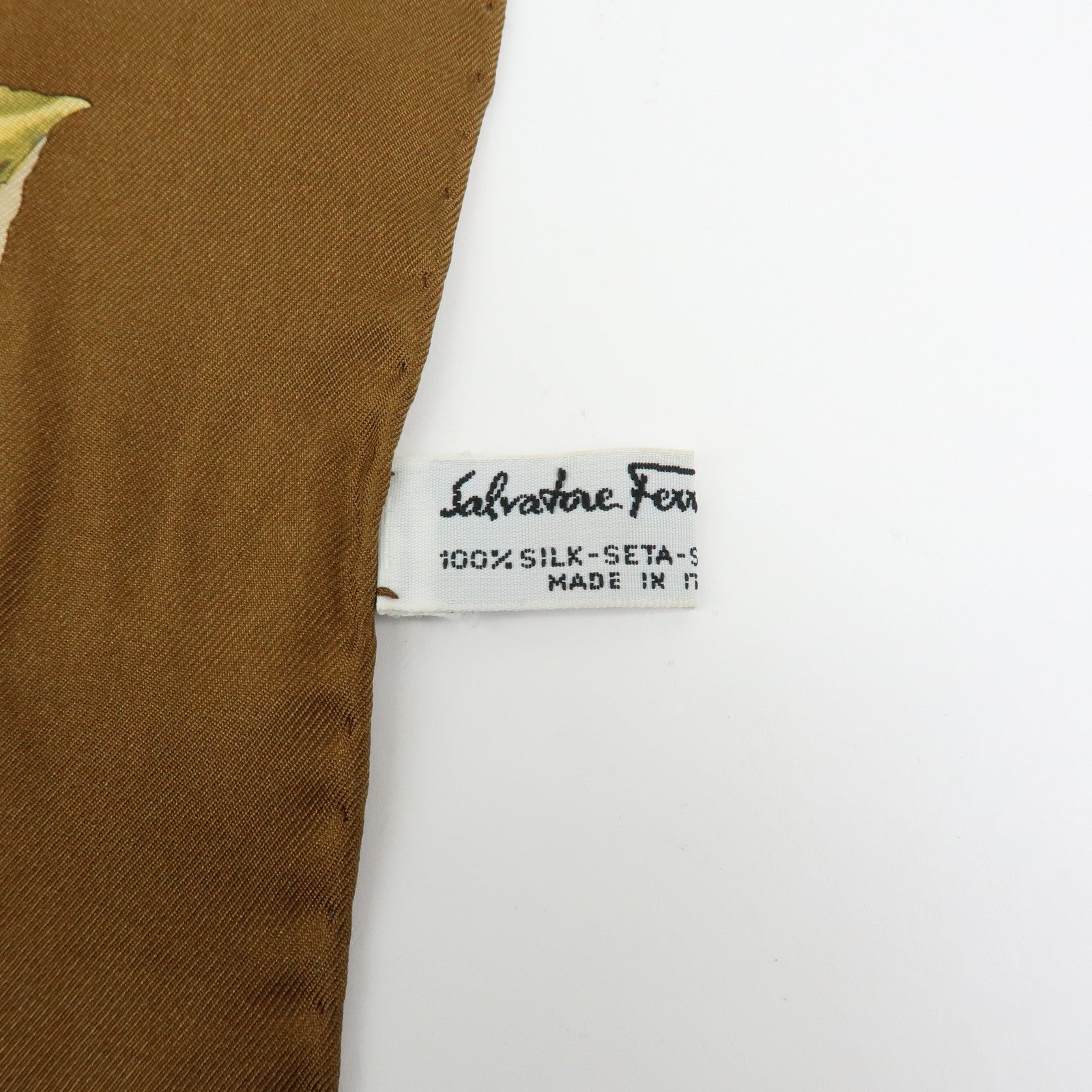 Ferragamo Silk 100% Scarf Autumn Bird And Leaf 85x85 Brown Orange