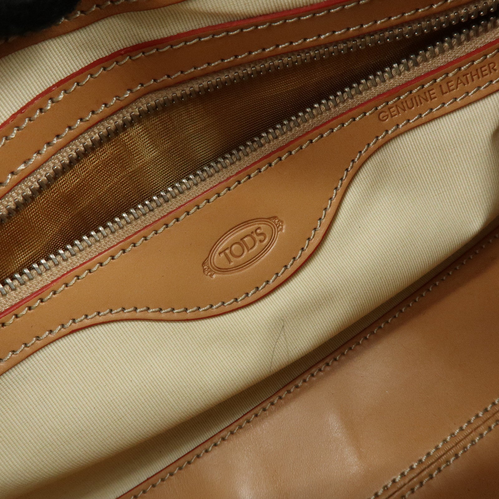 TOD'S Leather Stitched Shoulder Bag Hand Bag Camel