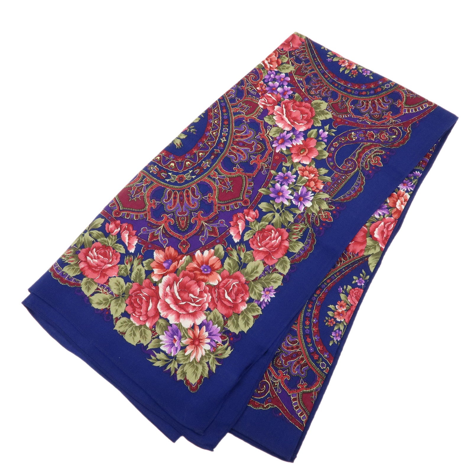 SAINT LAURENT PARIS Cotton Wool Scarf Flower Print Navy Red