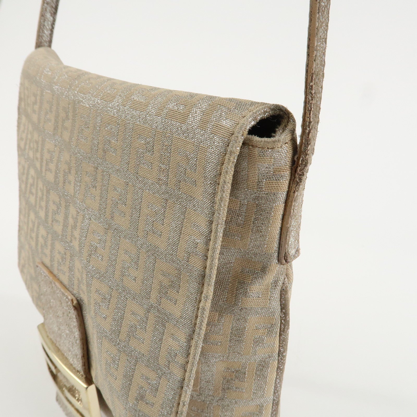 FENDI Zucchino Canvas Leather Shoulder Bag Silver Beige 8BT075