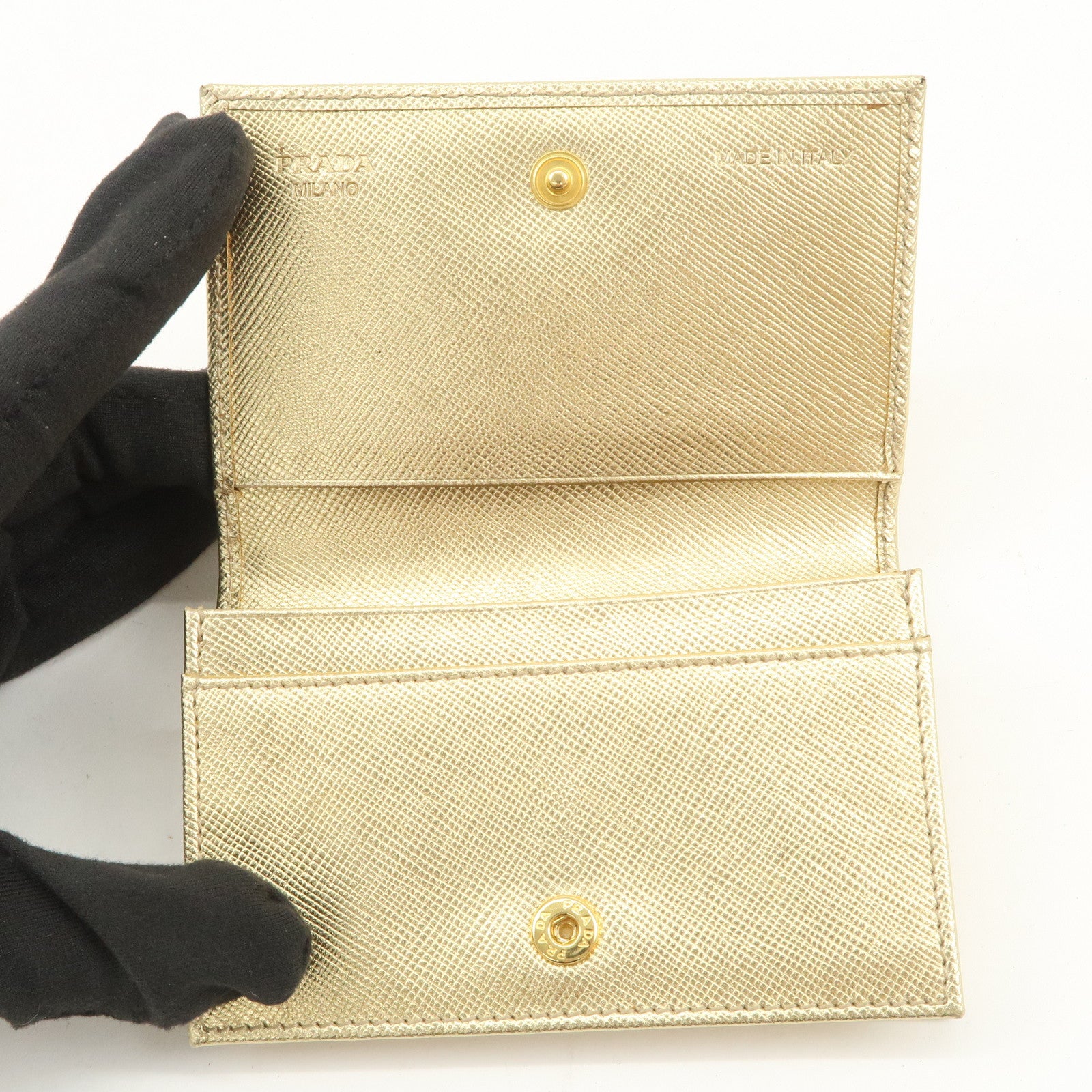 PRADA Triangle Logo Saffiano Leather Card Holder Card Case Gold