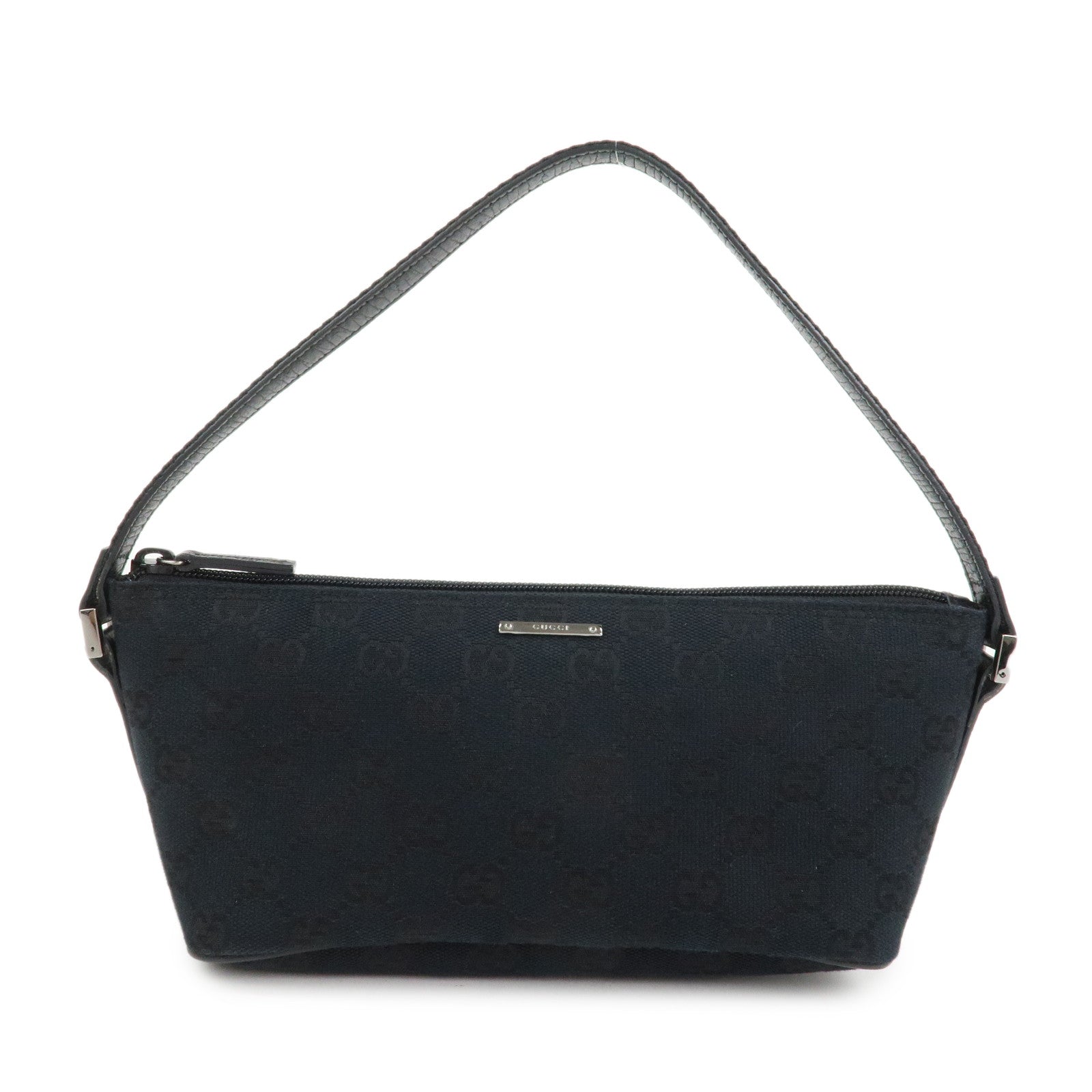 GUCCI Boat Bag Sherry GG Canvas Leather Hand Bag Black 141809