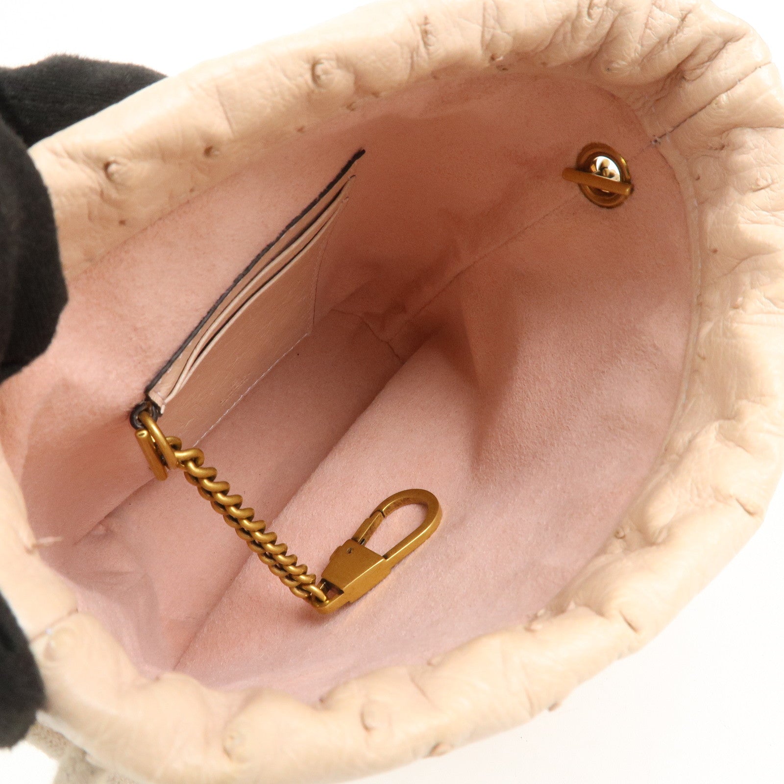 GUCCI GG Marmont Ostrich Leather Mini Bucket Chain Bag Ivory 575163