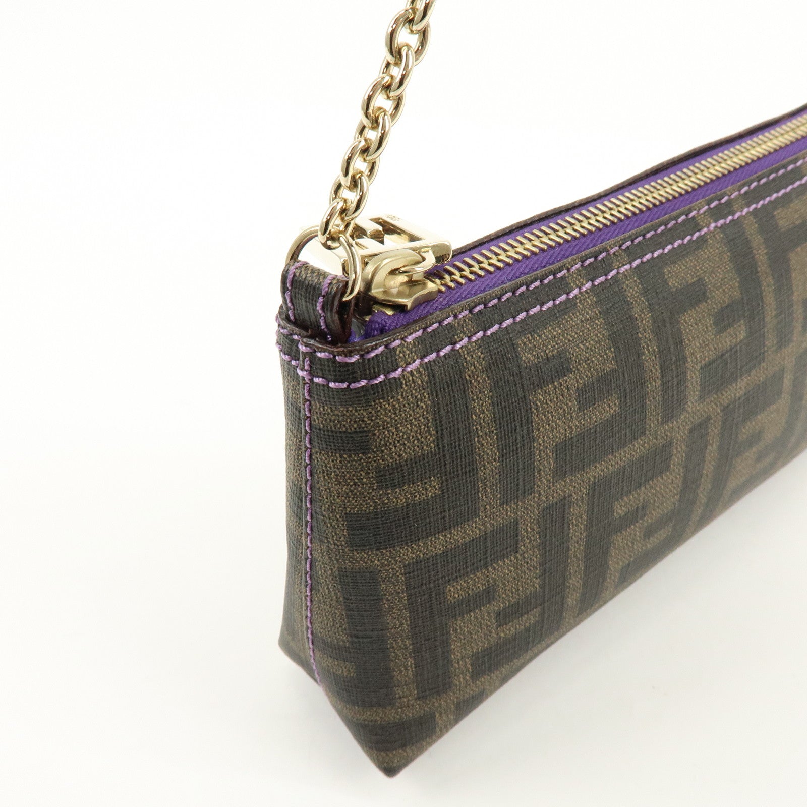 FENDI Zucca Print PVC Chain Accessory Pouch Brown Purple 8BR592