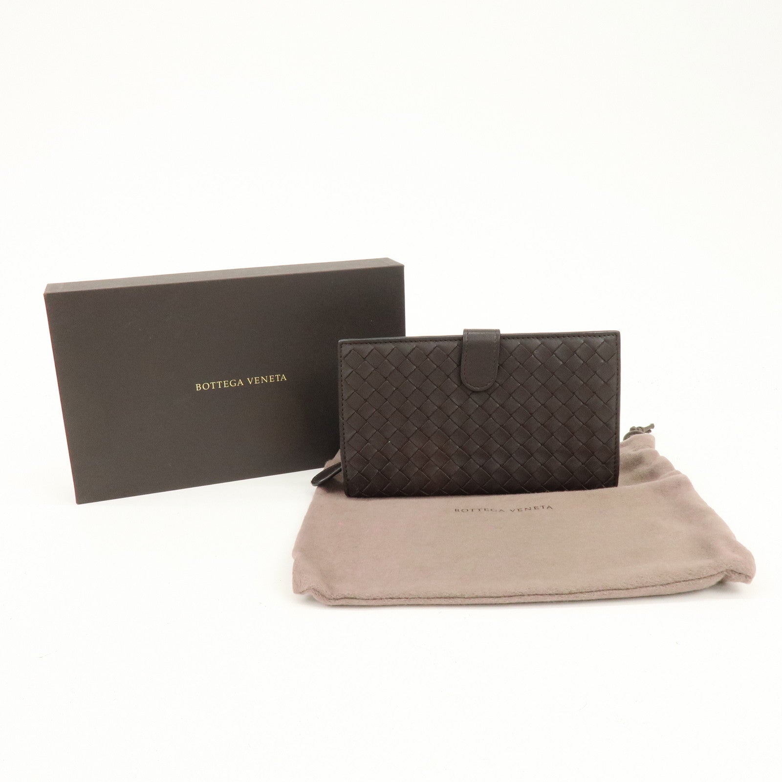 BOTTEGA VENETA Intrecciato Leather Bi-fold Long Wallet Dark Brown