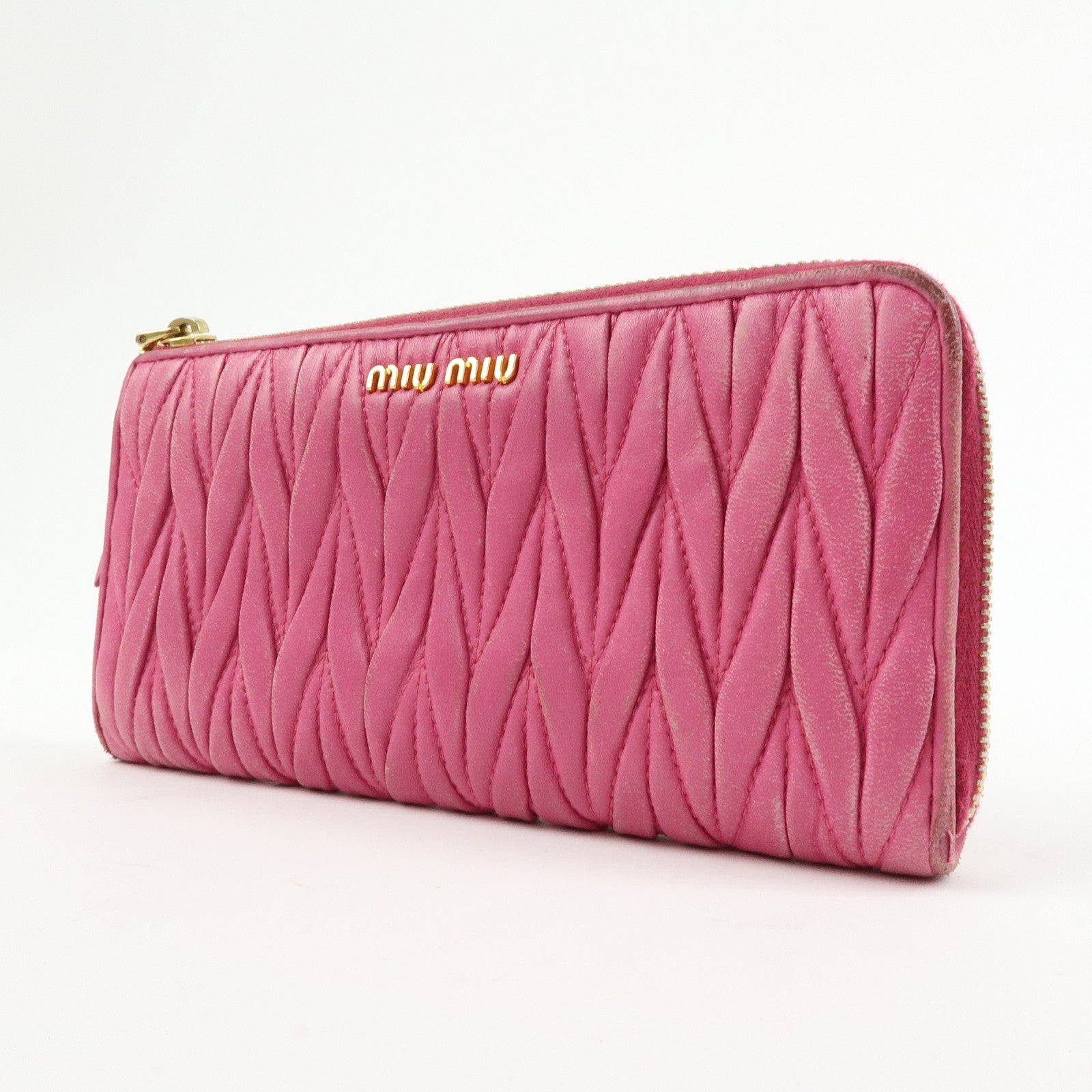 MIU MIU Logo Matelasse Nappa Leather Zippy Long Wallet Pink