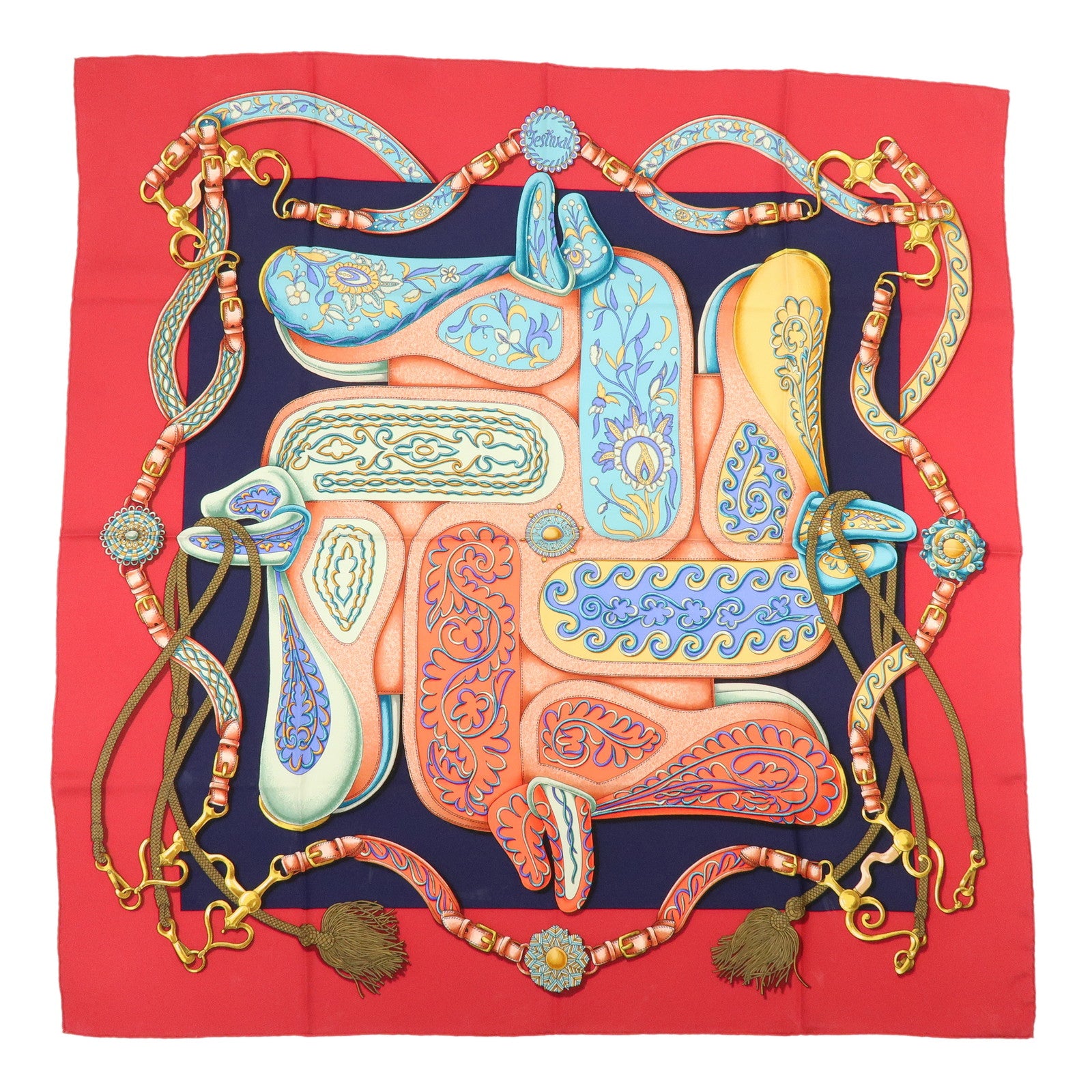 HERMES Carre 90 Silk 100% Scarf Festival Red Pink Blue