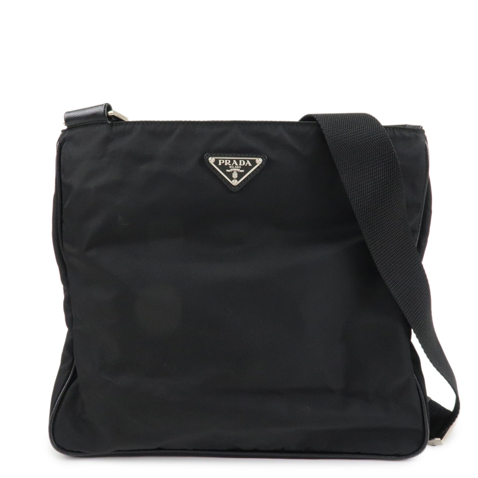 PRADA Triangle Logo Nylon Leather Shoulder Bag Silver HDW Black Used