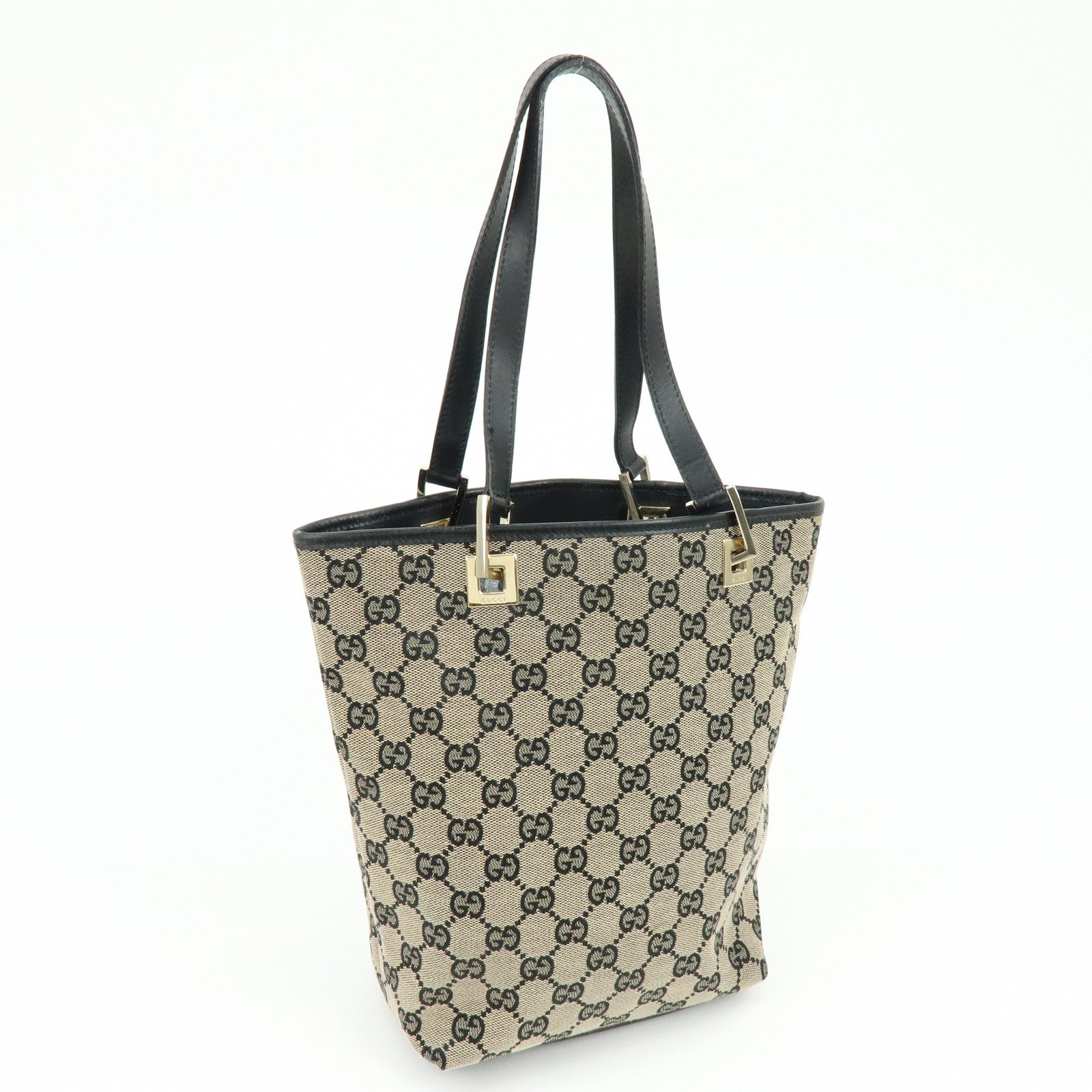 GUCCI GG Canvas Leather Tote Bag Hand Bag Beige Black 0021099