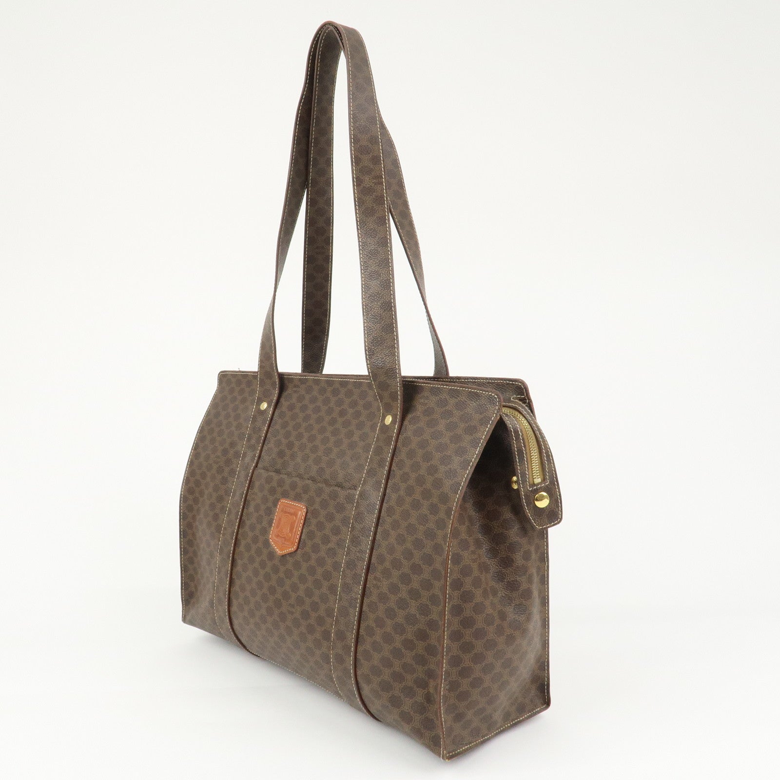 CELINE Macadam PVC Coating Canvas Leather Tote Bag Brown