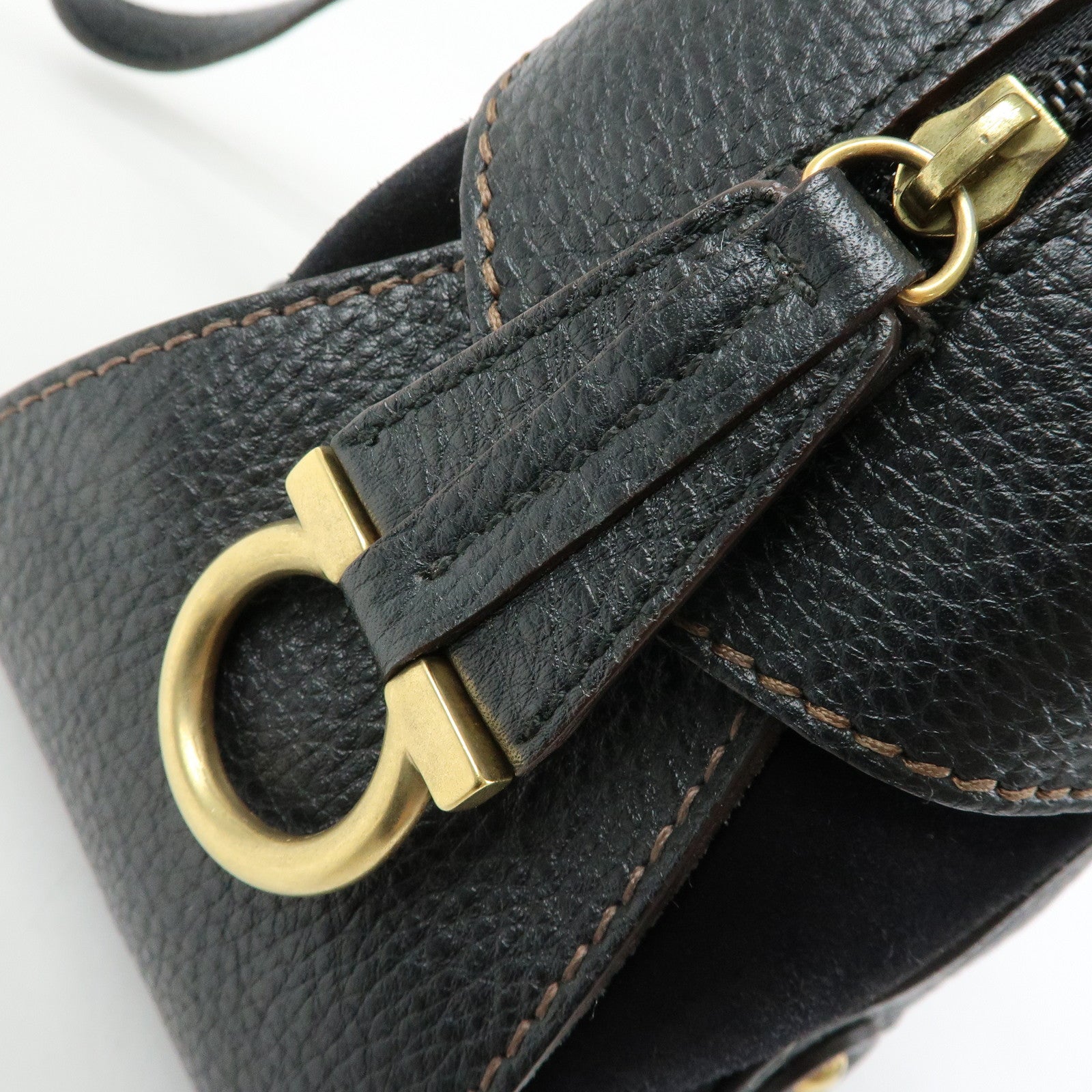 Ferragamo Gancini Suede Leather Shoulder Bag Hand Bag Black