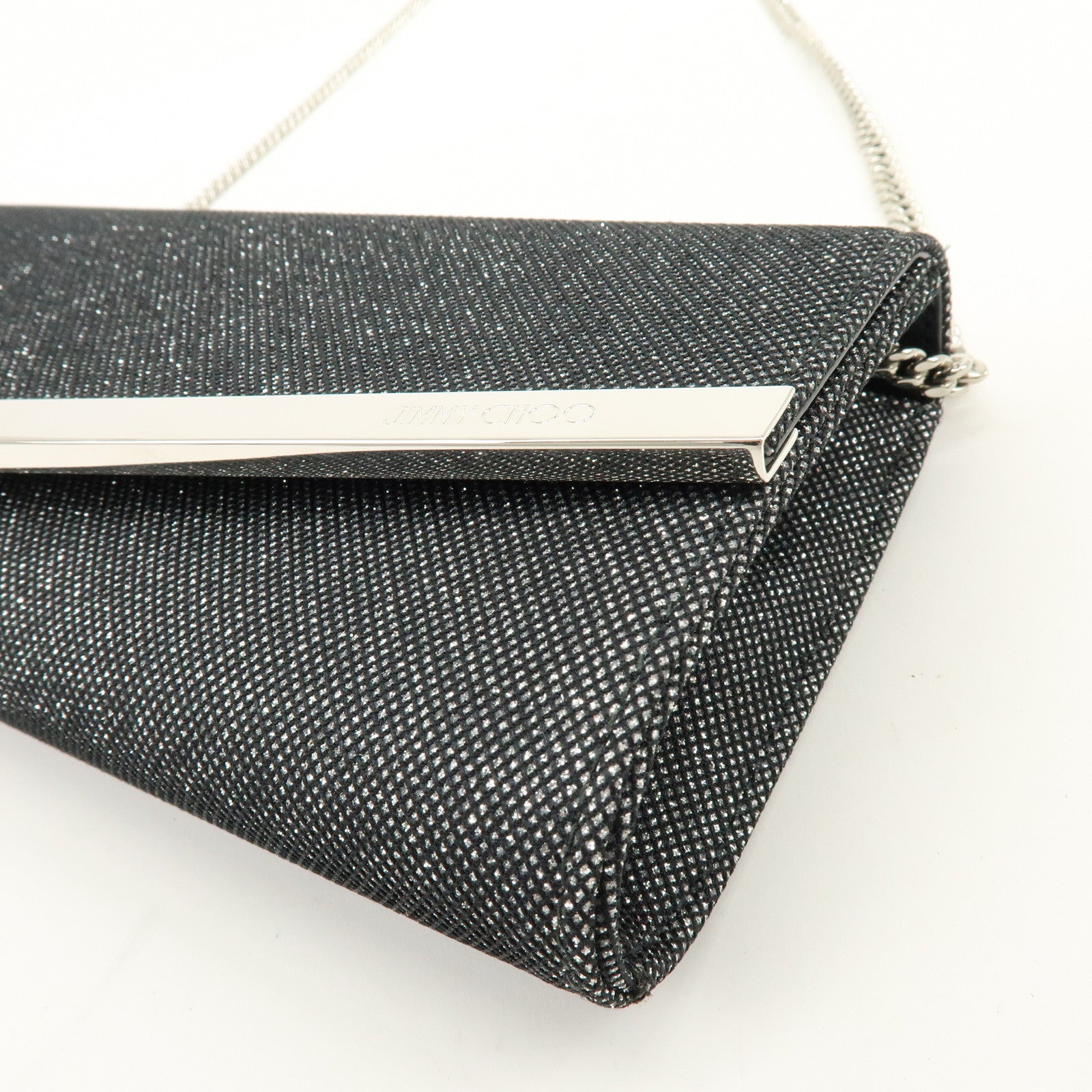 JIMMY CHOO Emmie Canvas Leather Chain Shoulder Bag Silver Black