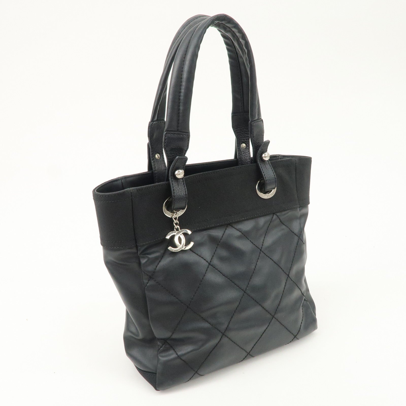 CHANEL Paris Biarritz PM Coated Canvas Leather Tote Bag Black A34208 Used