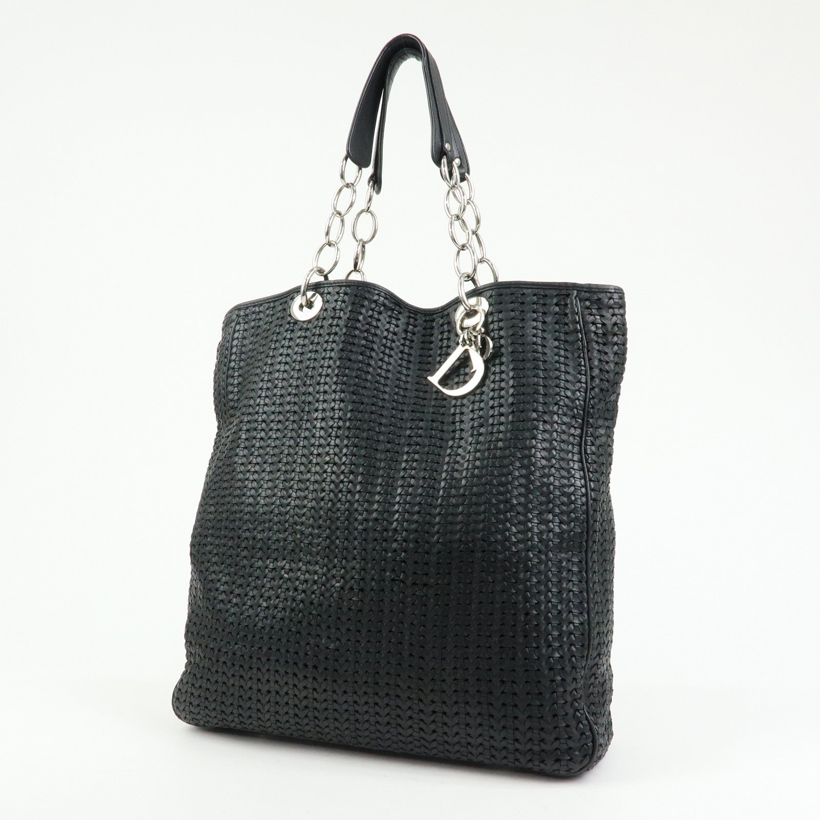Christian Dior Woven Leather Tote Bag Shoulder Bag Black