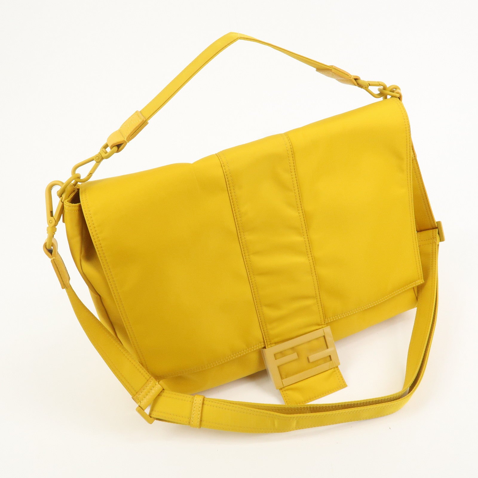 FENDI Baguette Nylon Leather 2Way Bag Hand Bag Shoulder Bag Yellow 7VA536