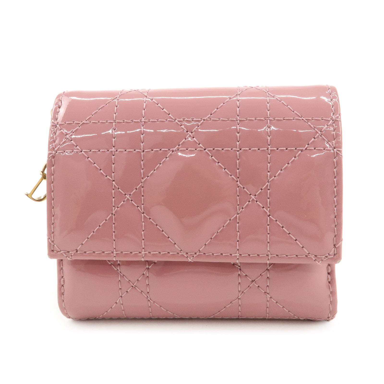 Christian Dior Lady Dior Cannage Patent Leather Tri-fold Wallet Pink Used