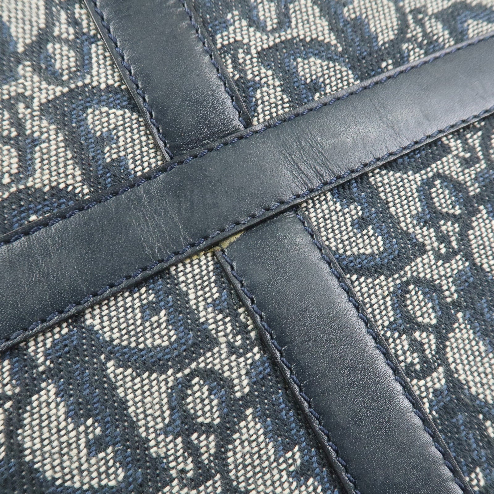 Christian Dior Trotter Jacquard Canvas Leather Boston Hand Bag Navy