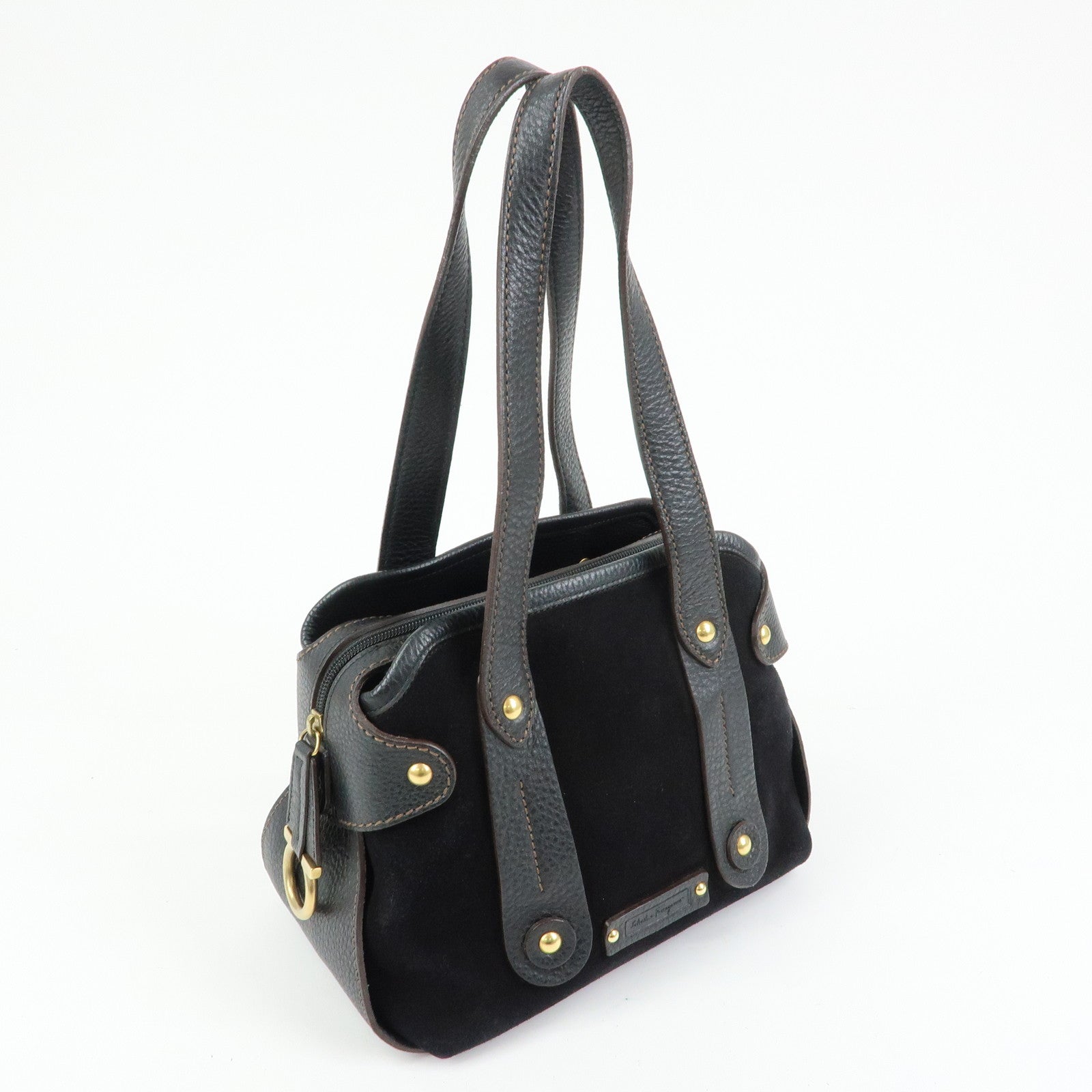 Ferragamo Gancini Suede Leather Shoulder Bag Hand Bag Black
