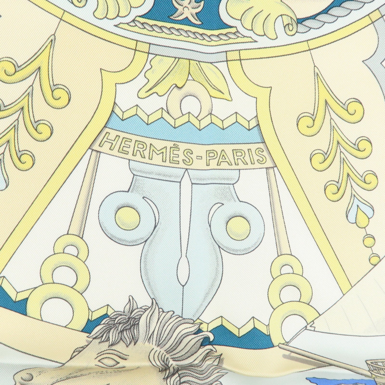 HERMES Carre 90 Silk 100% Scarf L'AIR MARIN Ship Print Blue Ivory