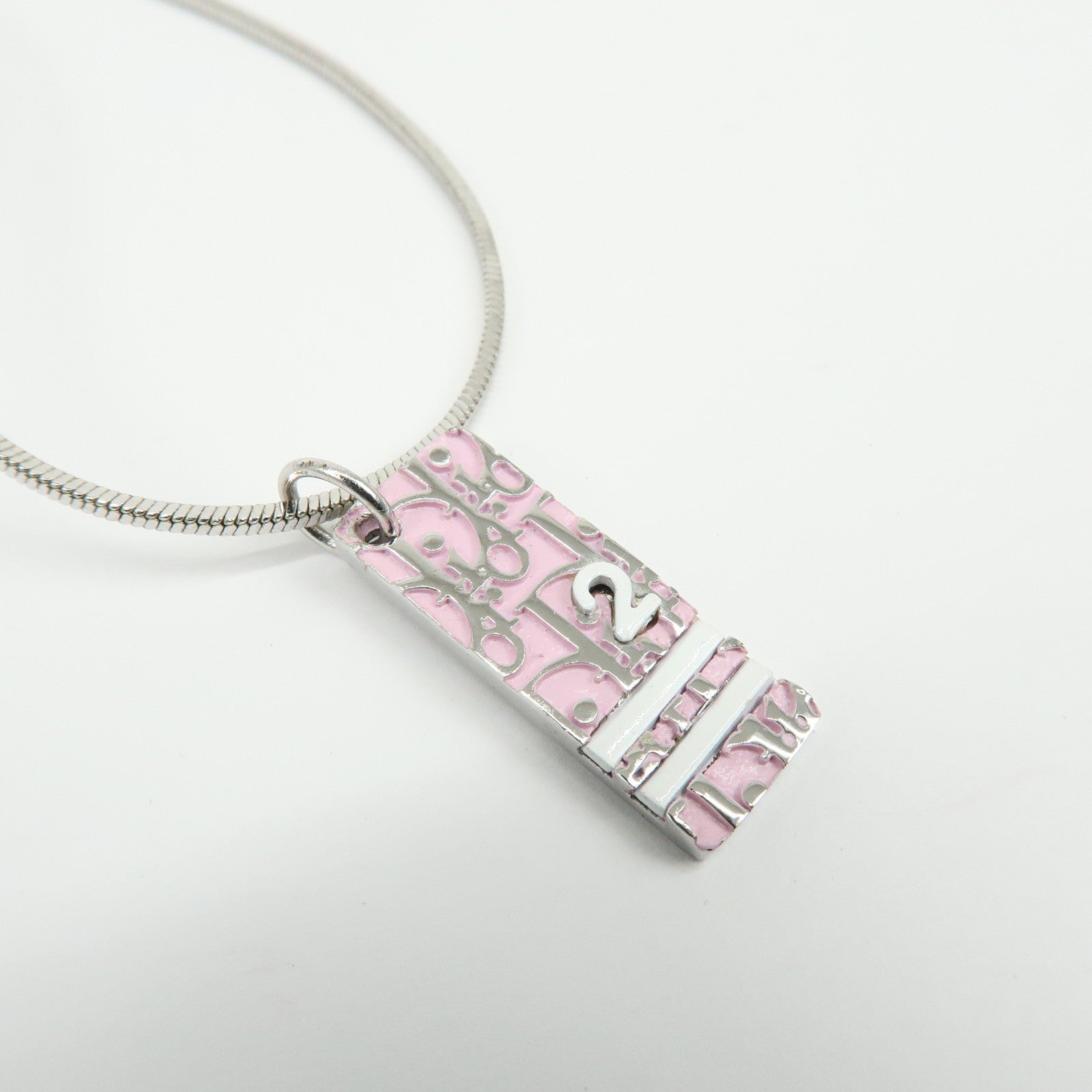 Christian Dior Logo Trotter Metal Necklace Pink Silver