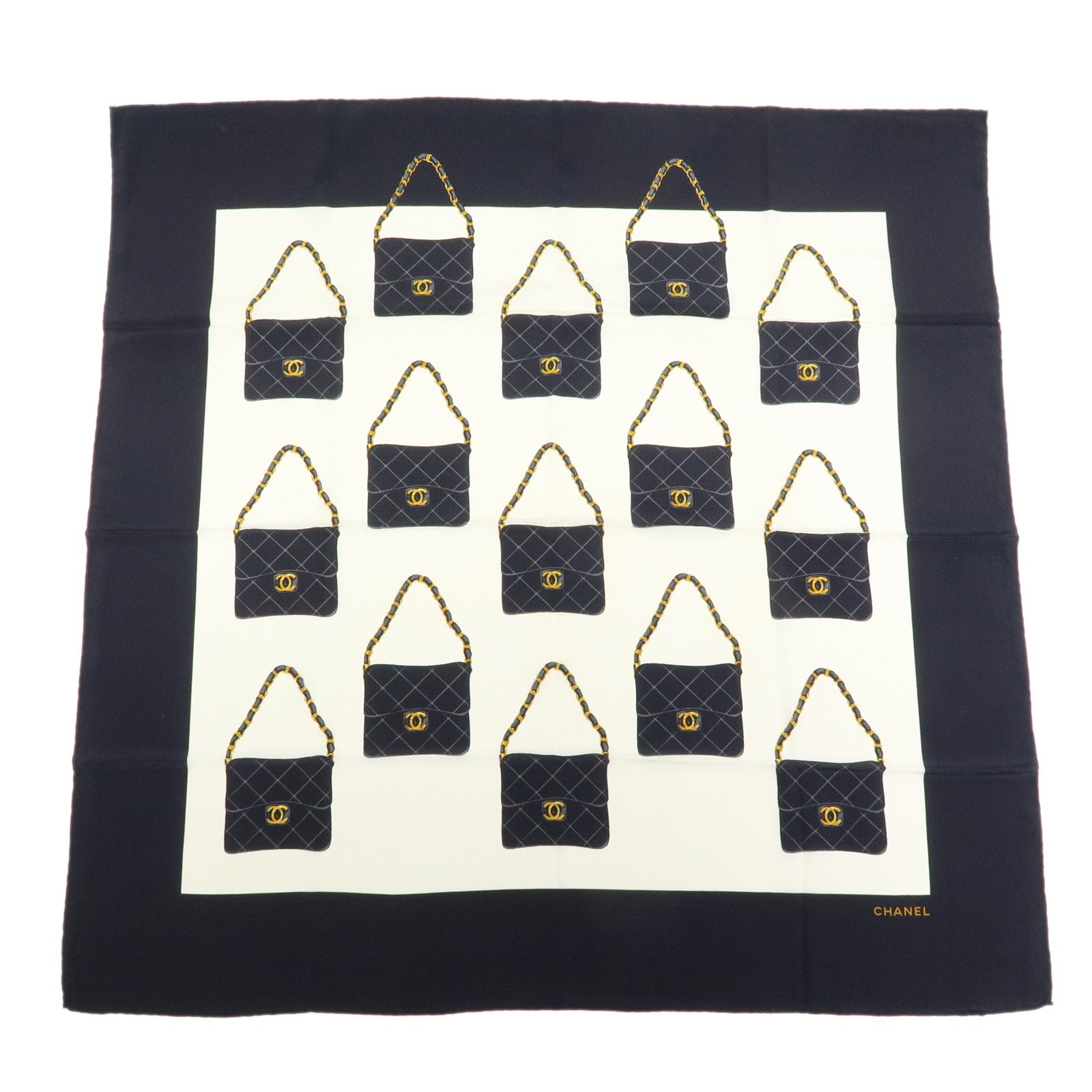 CHANEL Silk 100% Scarf Matelasse Bag Motif 86cm×86cm Black Ivory
