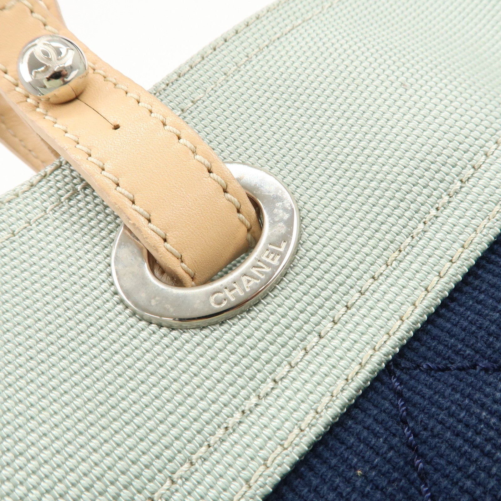 CHANEL Paris Biarritz Canvas Leather Tote Bag MM Navy A43209 Used