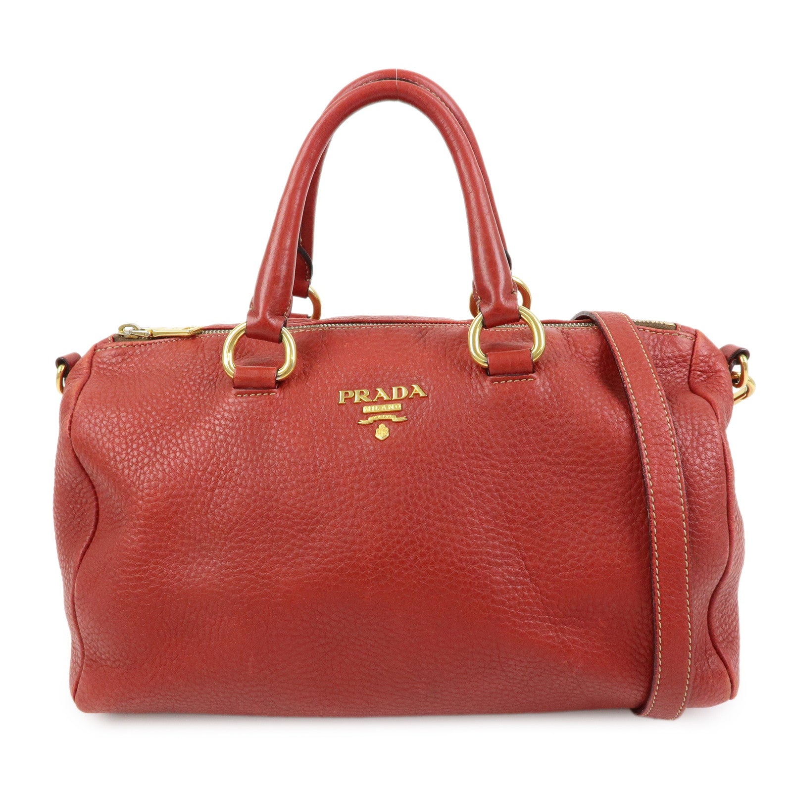 PRADA Logo Calf Leather 2Way Bag Hand Bag Shoulder Bag Red