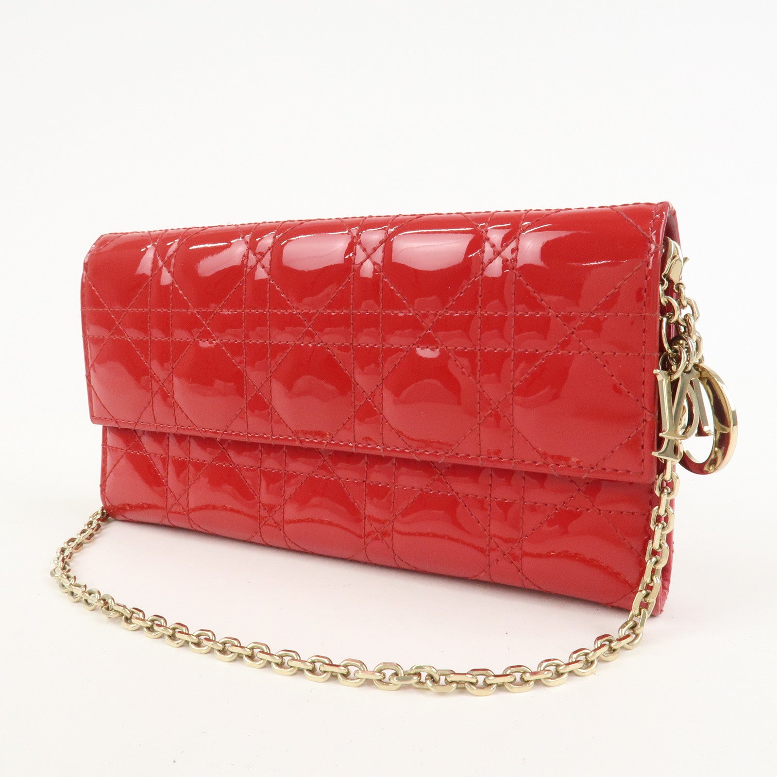 Christian Dior Cannage Patent Leather Chain Long Wallet WOC Red