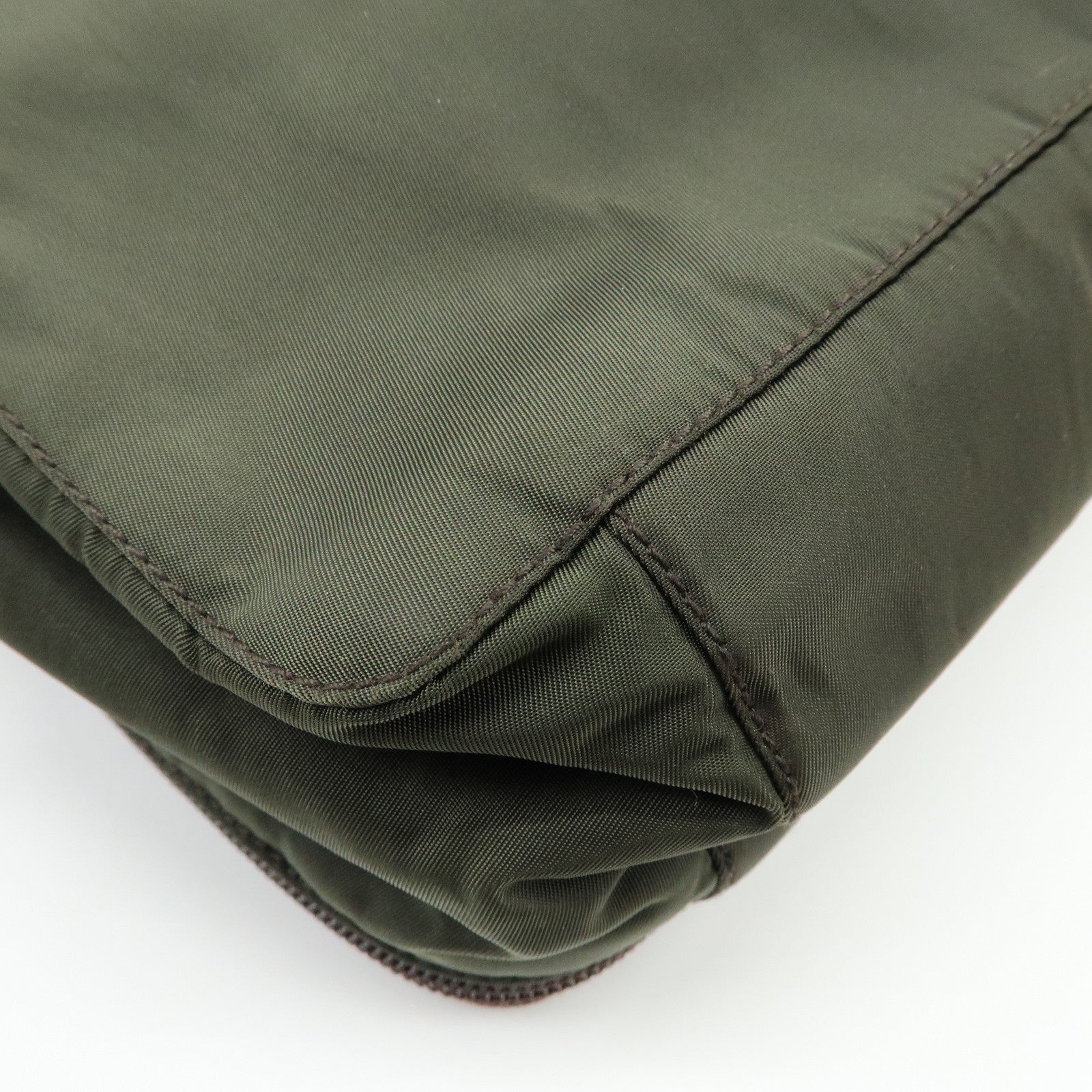 PRADA Triangle Logo Nylon Leather Hand Bag Cosmetic Case Khaki