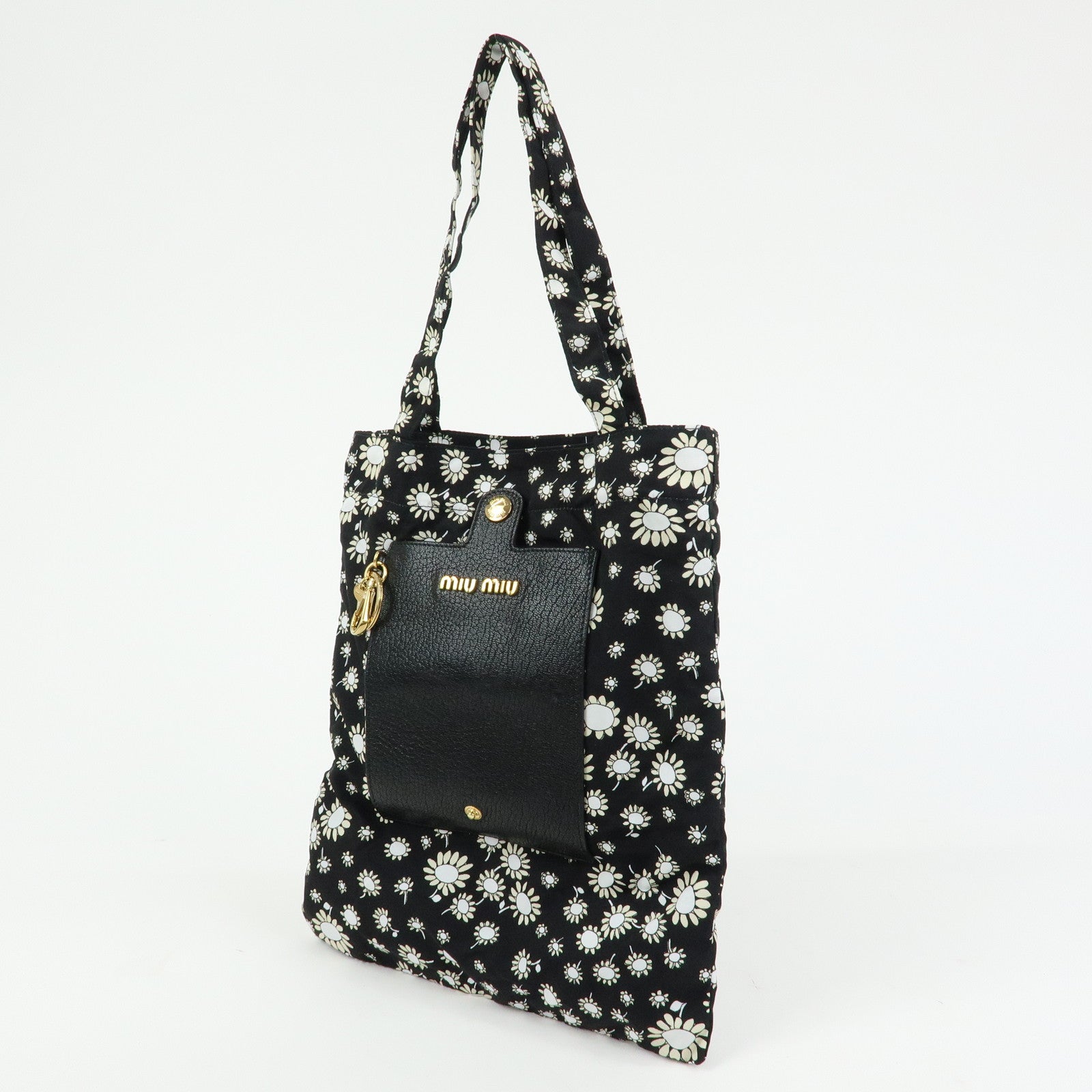 MIU MIU Nylon Leather Tote Bag Eco Bag Hand Bag Flower Print Black
