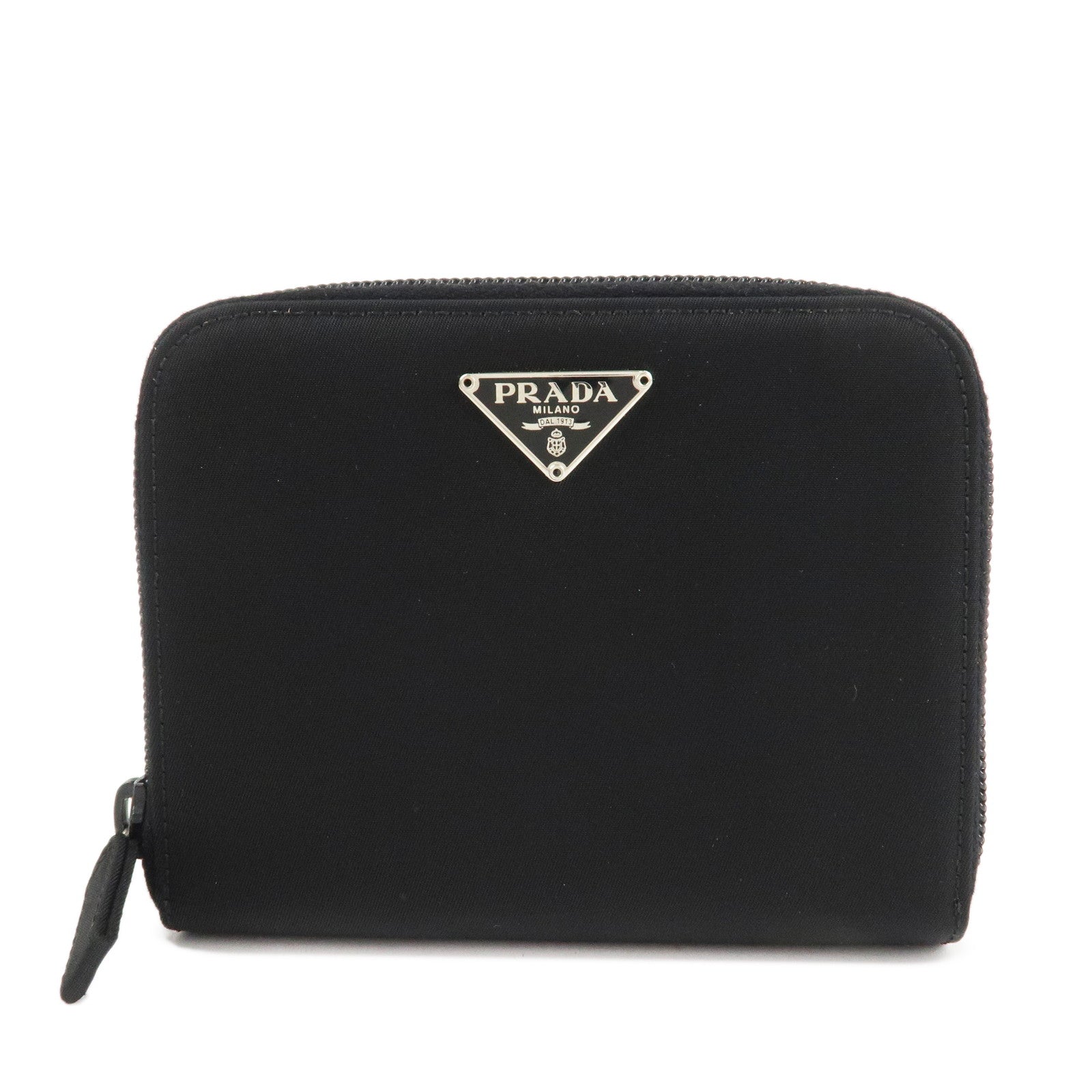 PRADA Nylon Saffiano Leather Bi-fold Round zippy Wallet Black Used