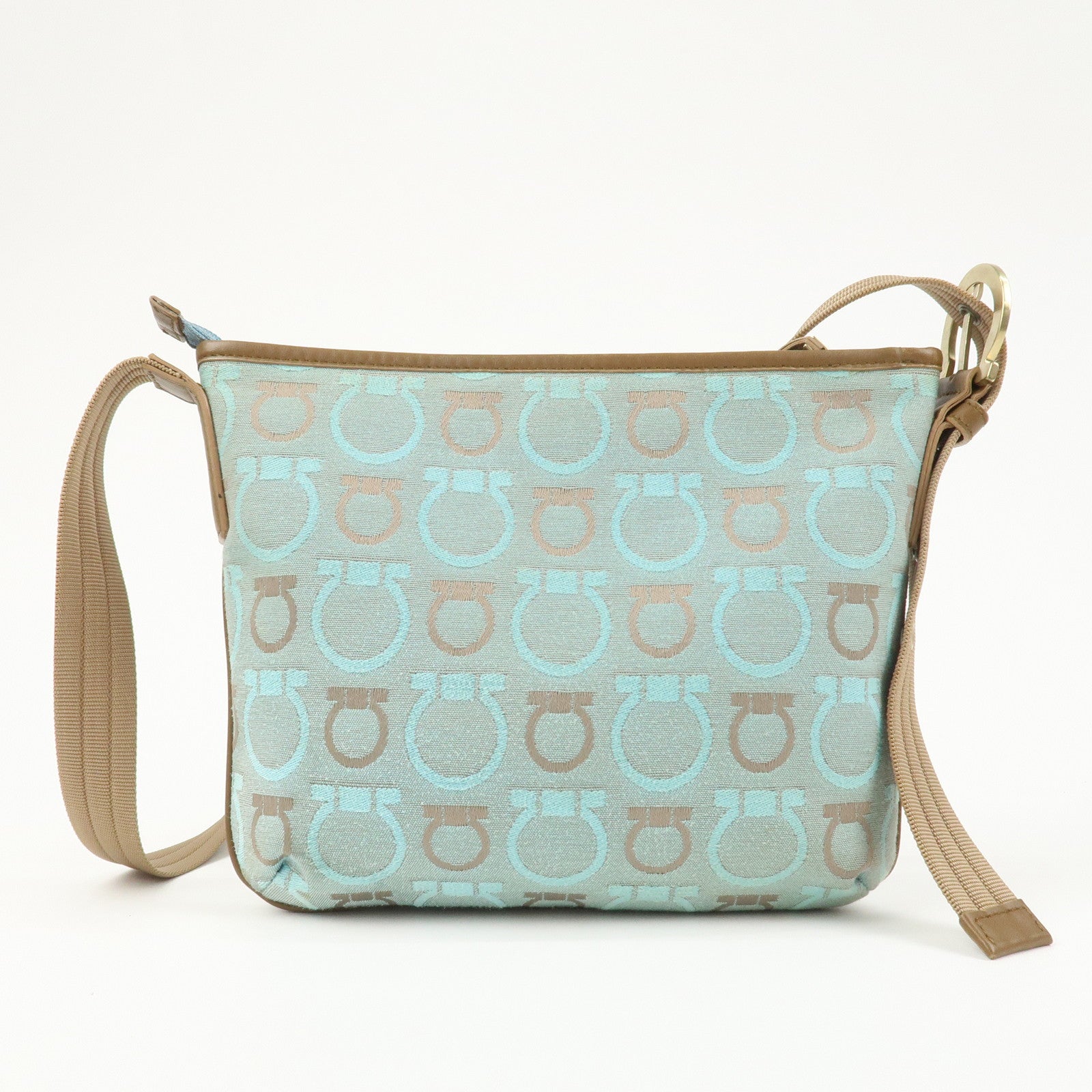 Ferragamo Gancini Logo Canvas Leather Shoulder Bag Light Blue Brown