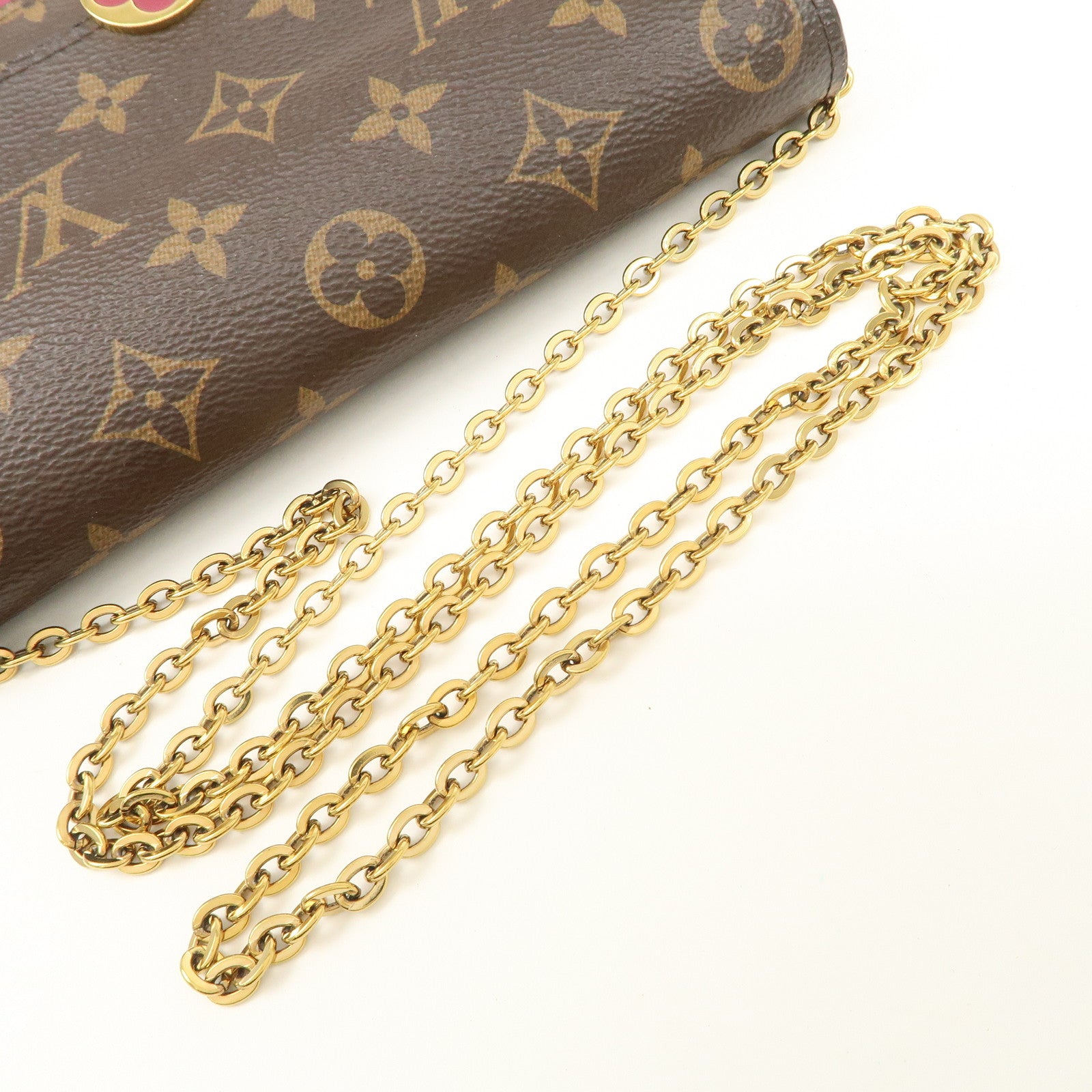 Louis Vuitton Monogram Leather Portefeuille Flore Chain Wallet Brown Pink M69578 Used