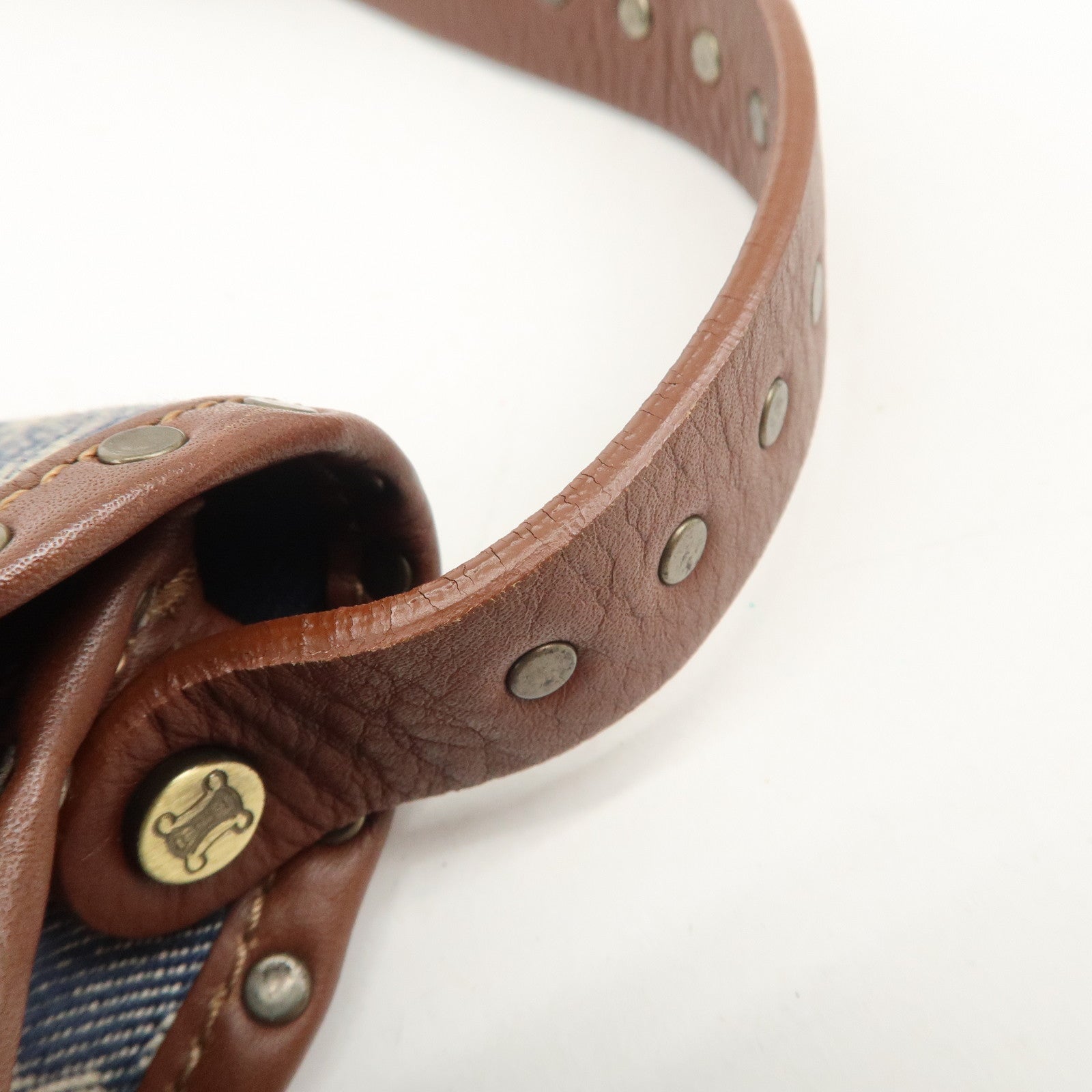 CELINE Macadam Canvas Leather Shoulder Bag Hand Bag Navy Brown