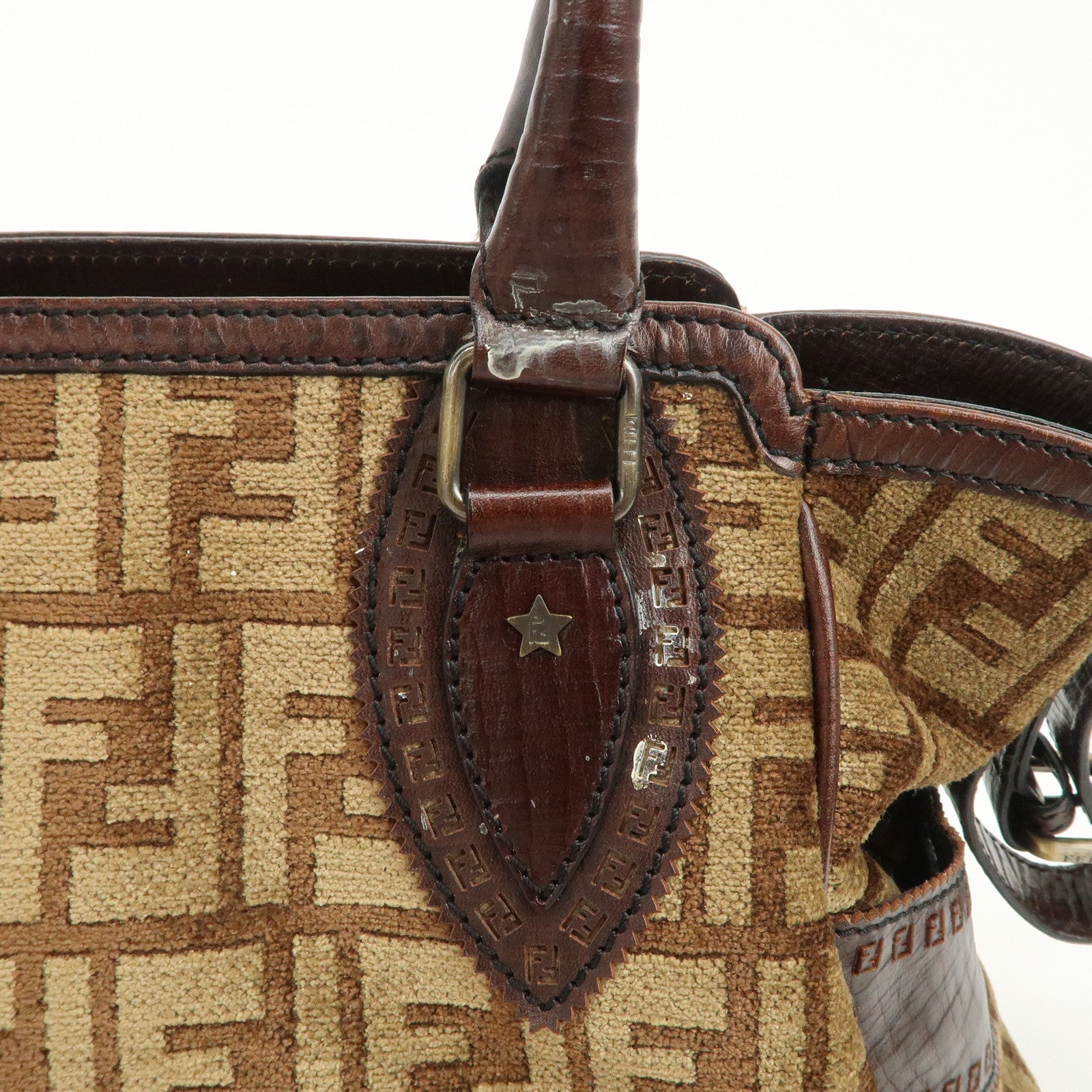 FENDI Suede Leather Ethnico Tote Bag Shoulder Bag Brown 8BN157