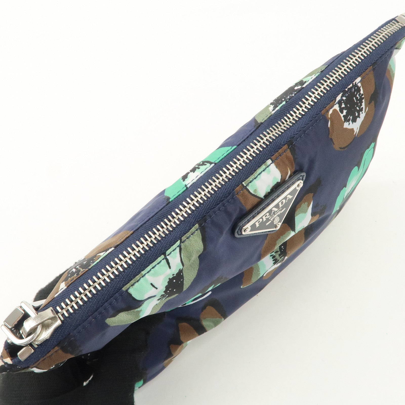 PRADA Triangle Logo Nylon Tote Bag w/Pouch Flower Print Navy B4626B Used