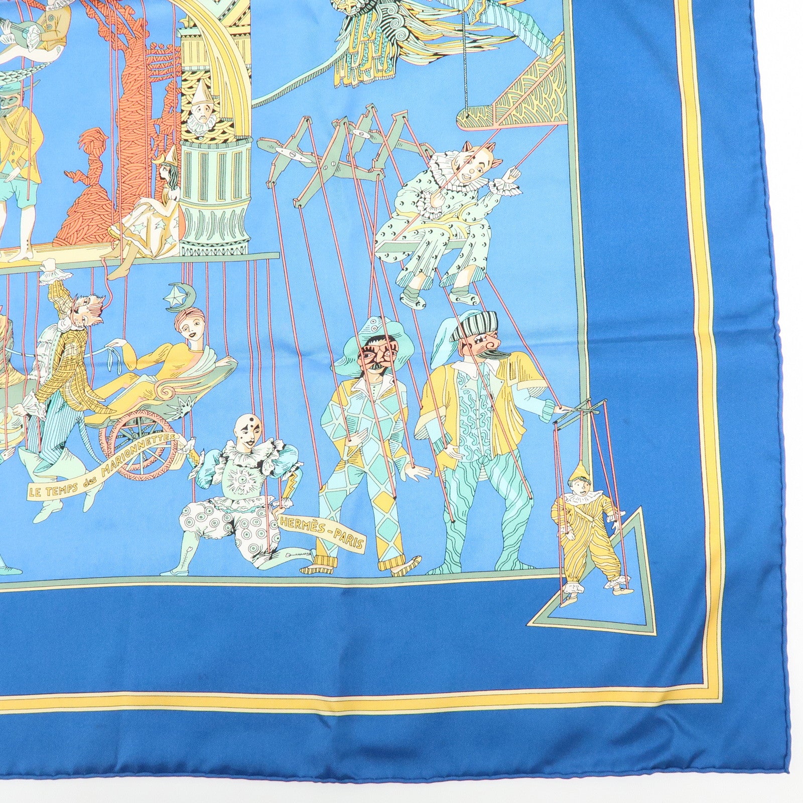 HERMES Carre 90 Silk 100% Scarf LE TEMPS des MARIONNETTES Blue