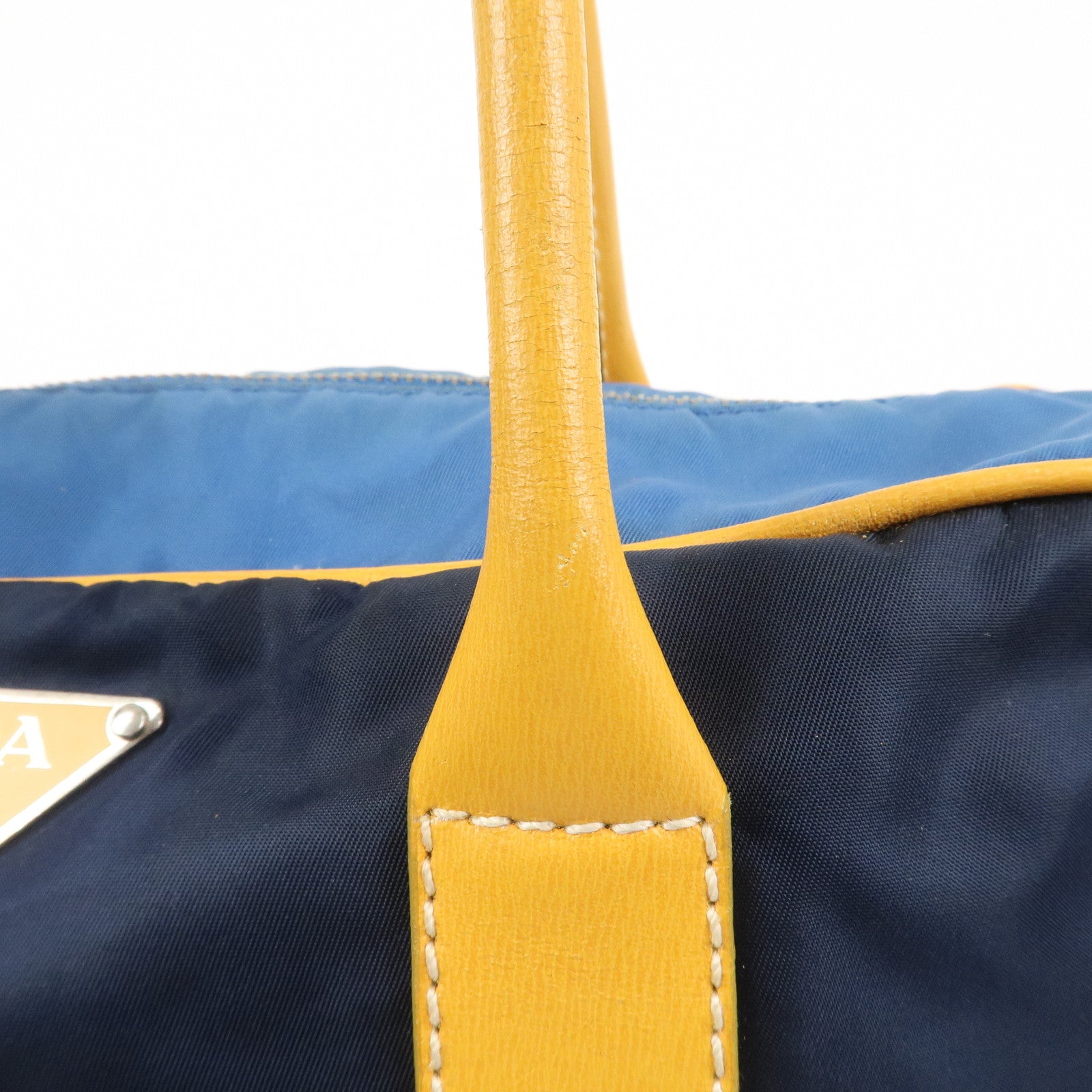 PRADA Triangle Logo Nylon Leather Shoulder Bag Hand Bag Navy Yellow