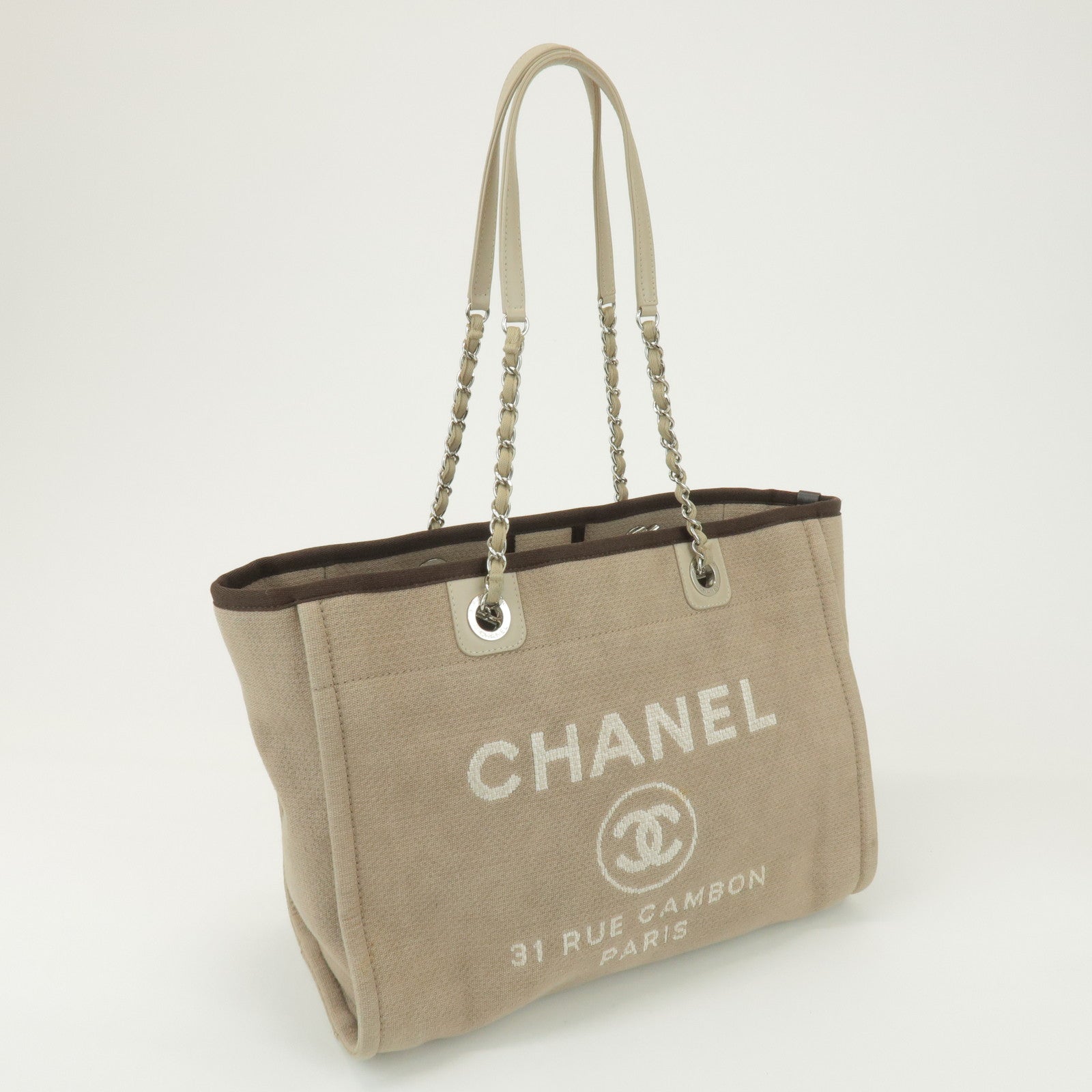 CHANEL Deauville GM Canvas Leather 2Way Tote Bag Beige A66941