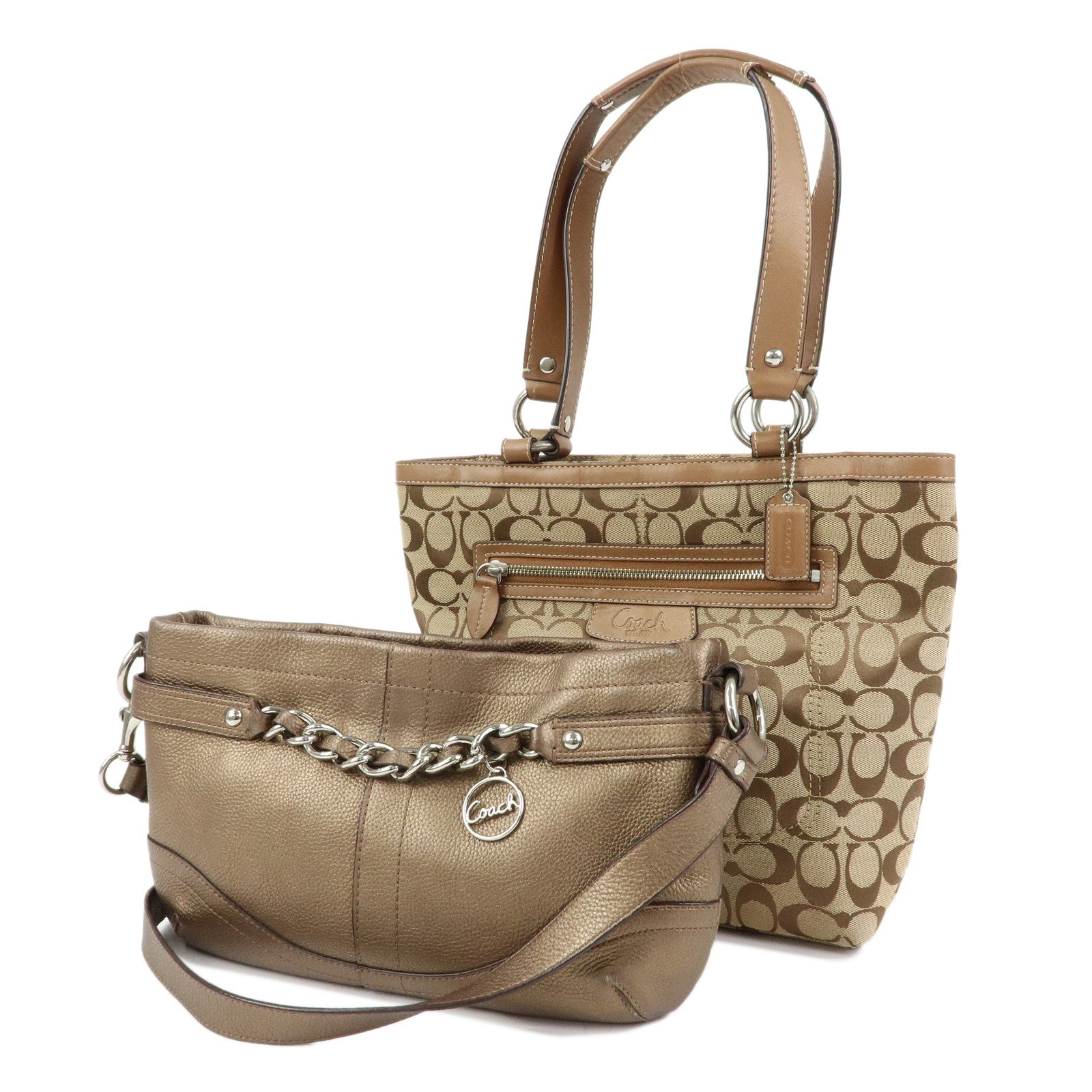 COACH Set of 2 Canvas Leather Shoulder Bag Brown Bronze