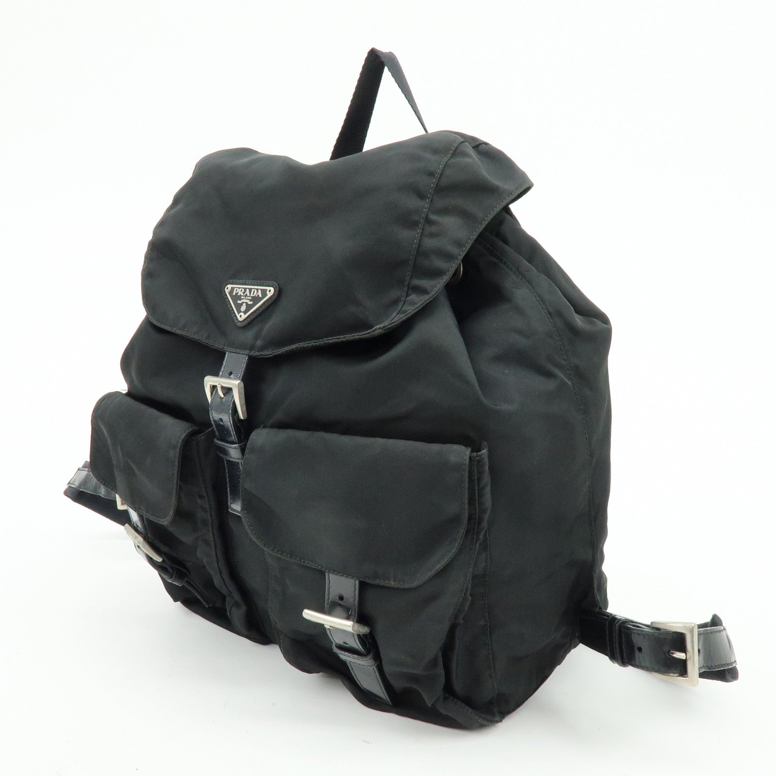 PRADA Triangle Logo Nylon Leather Backpack Rucksuck Black