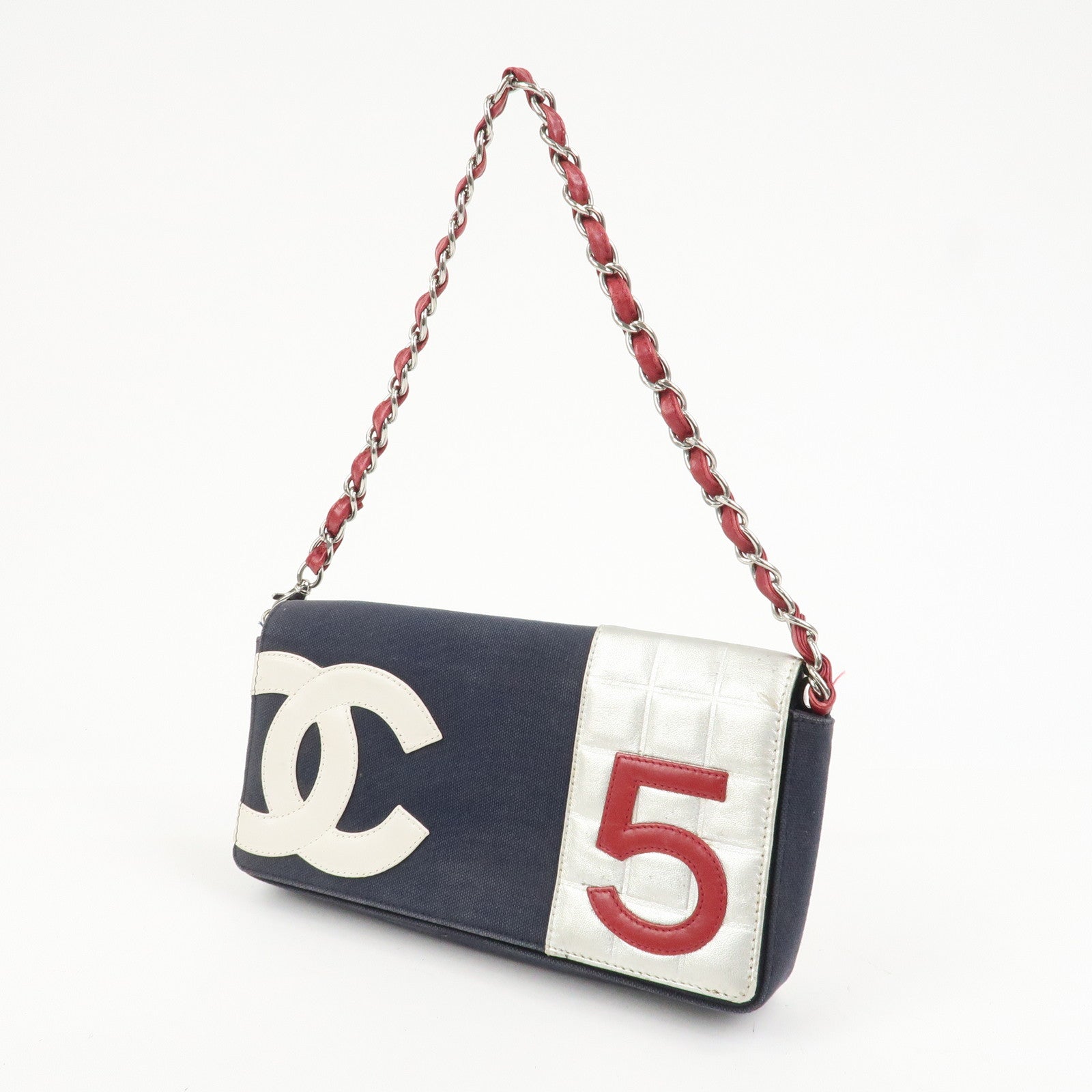 CHANEL No.5 Canvas Leather Chain Shoulder Bag Hand Bag Navy Silver