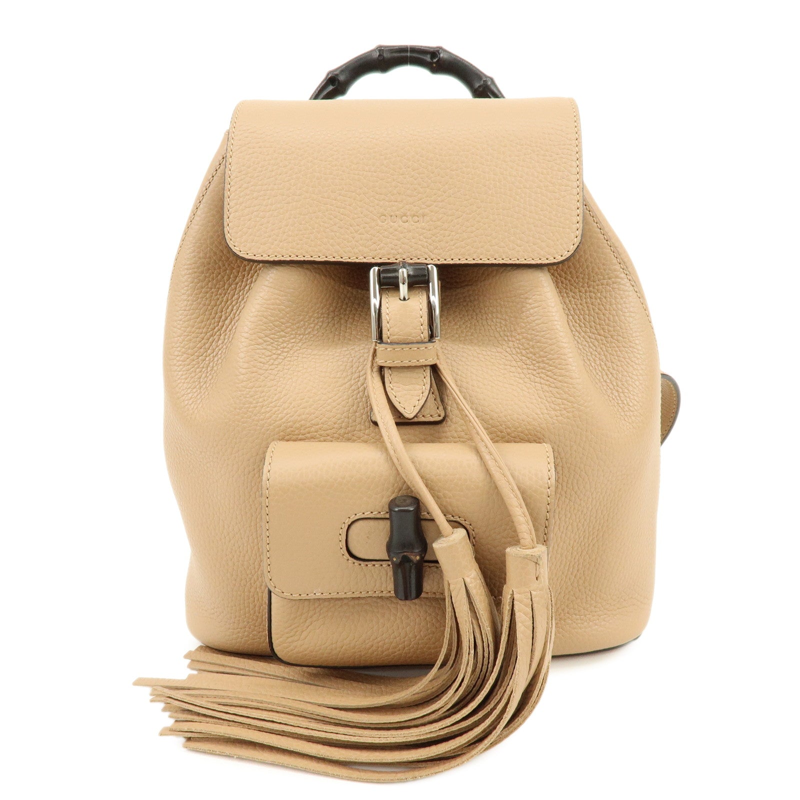 GUCCI Bamboo Tassel Leather Backpack Rucksack Beige 387149